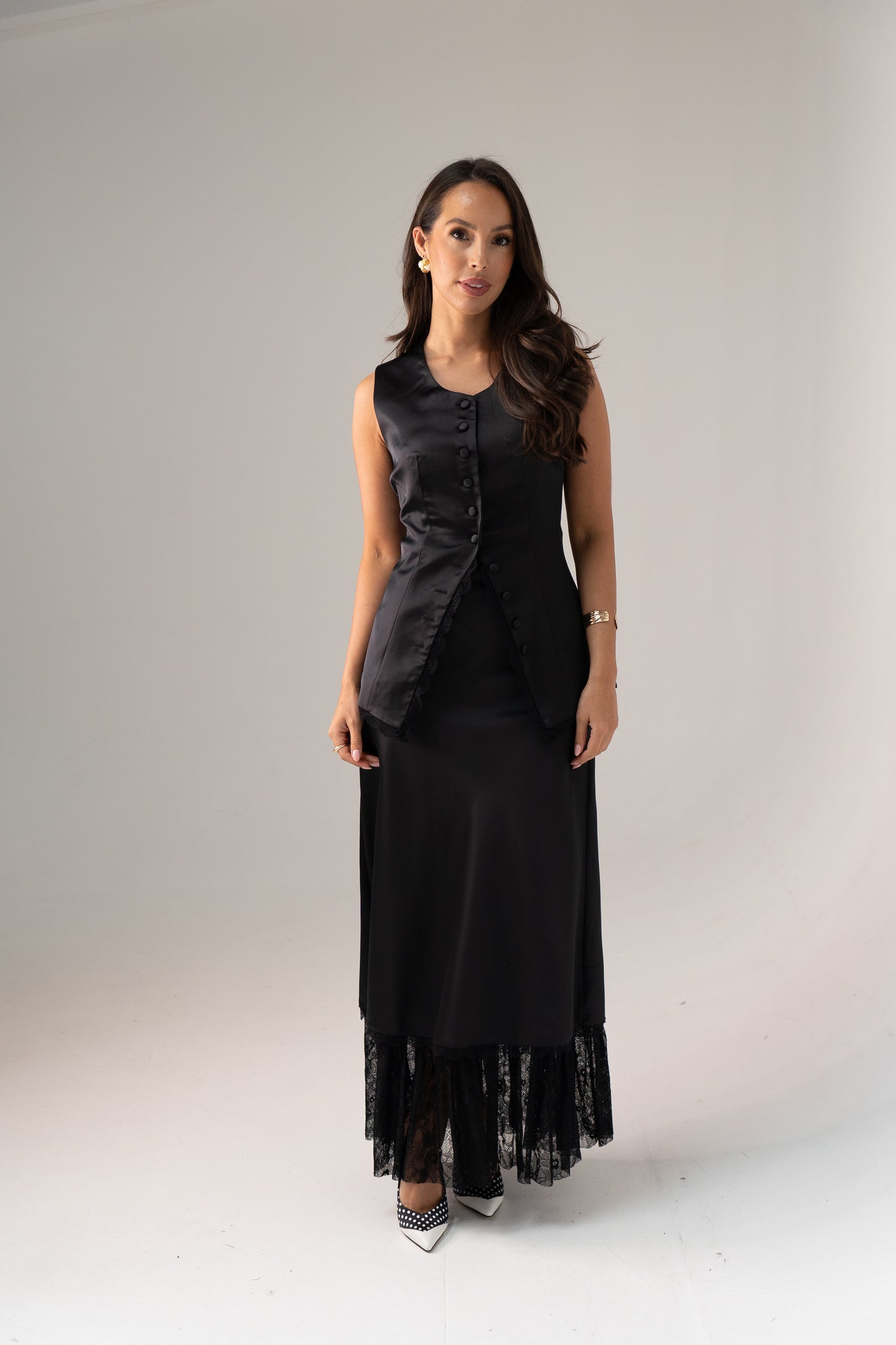 Love Laura Lace Trim Satin Skirt In Black