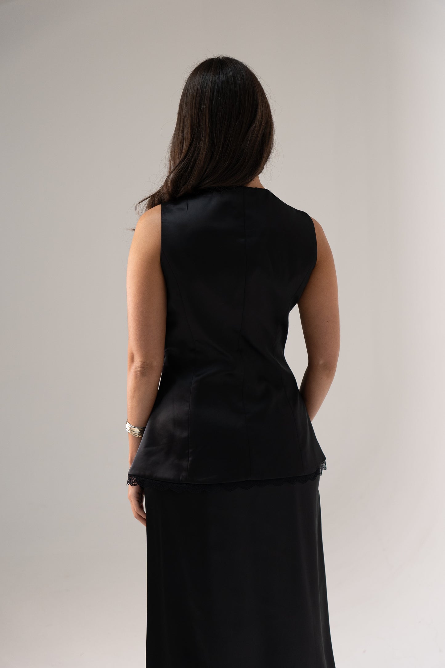 Love Laura Lace Trim Satin Waistcoat In Black