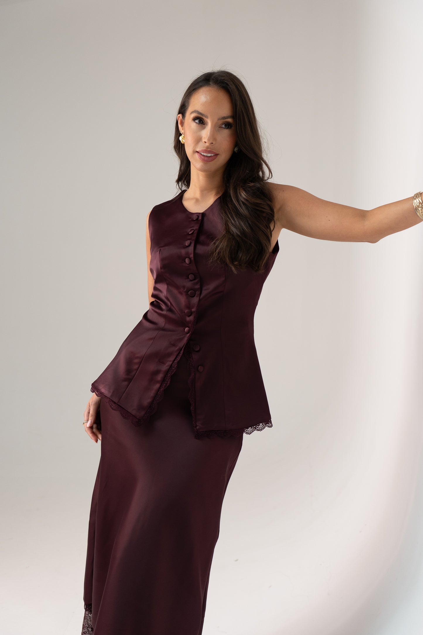 Love Laura Lace Trim Satin Waistcoat In Burgundy