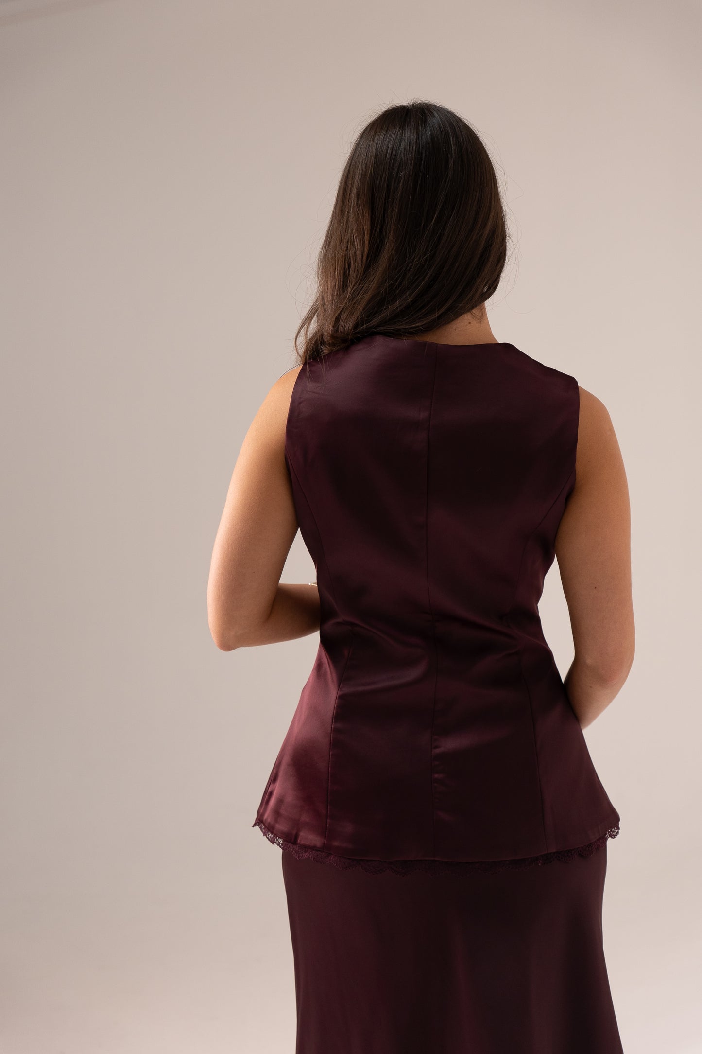 Love Laura Lace Trim Satin Waistcoat In Burgundy