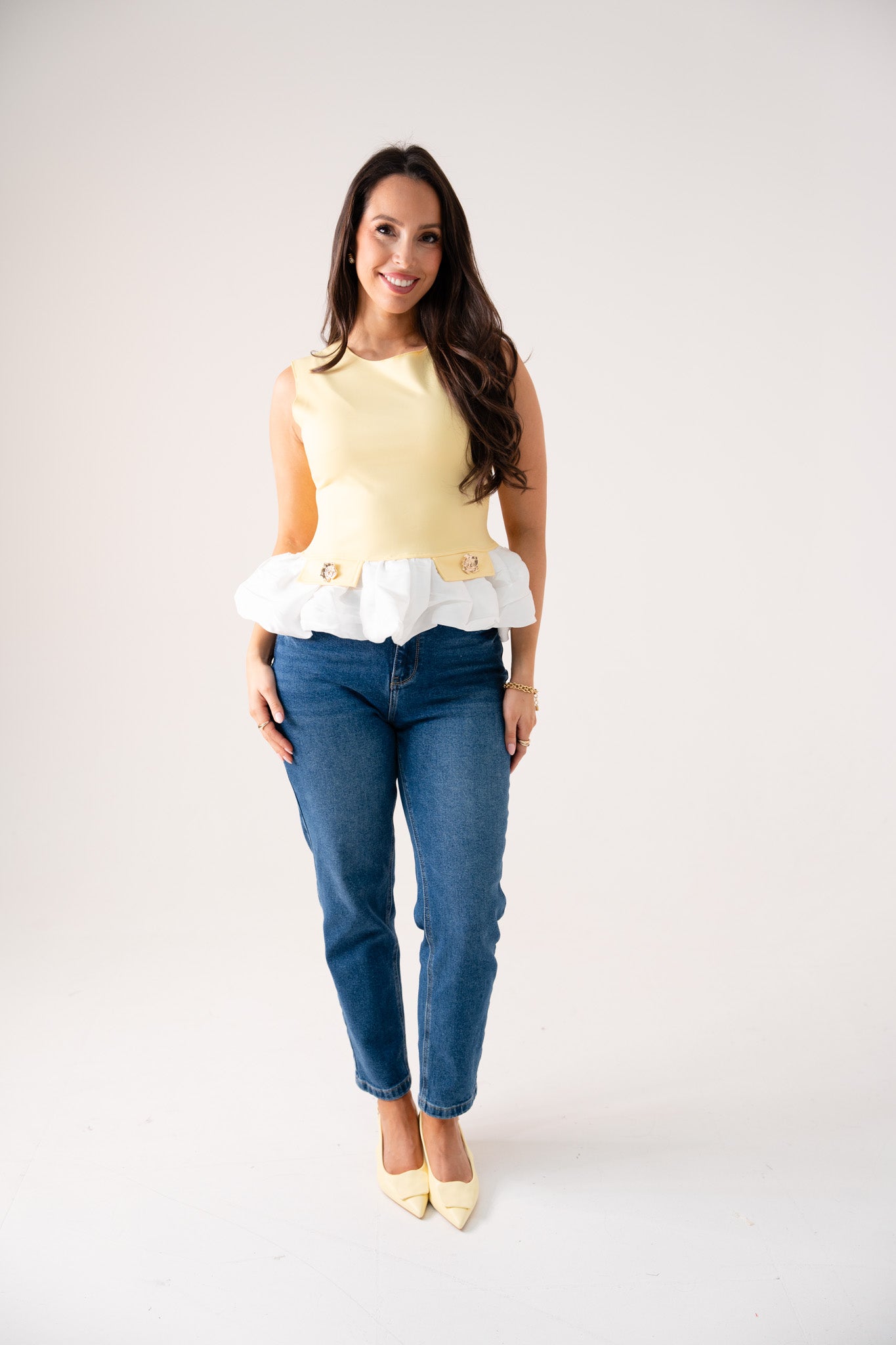 Maddie Contrast Peplum Top In Yellow