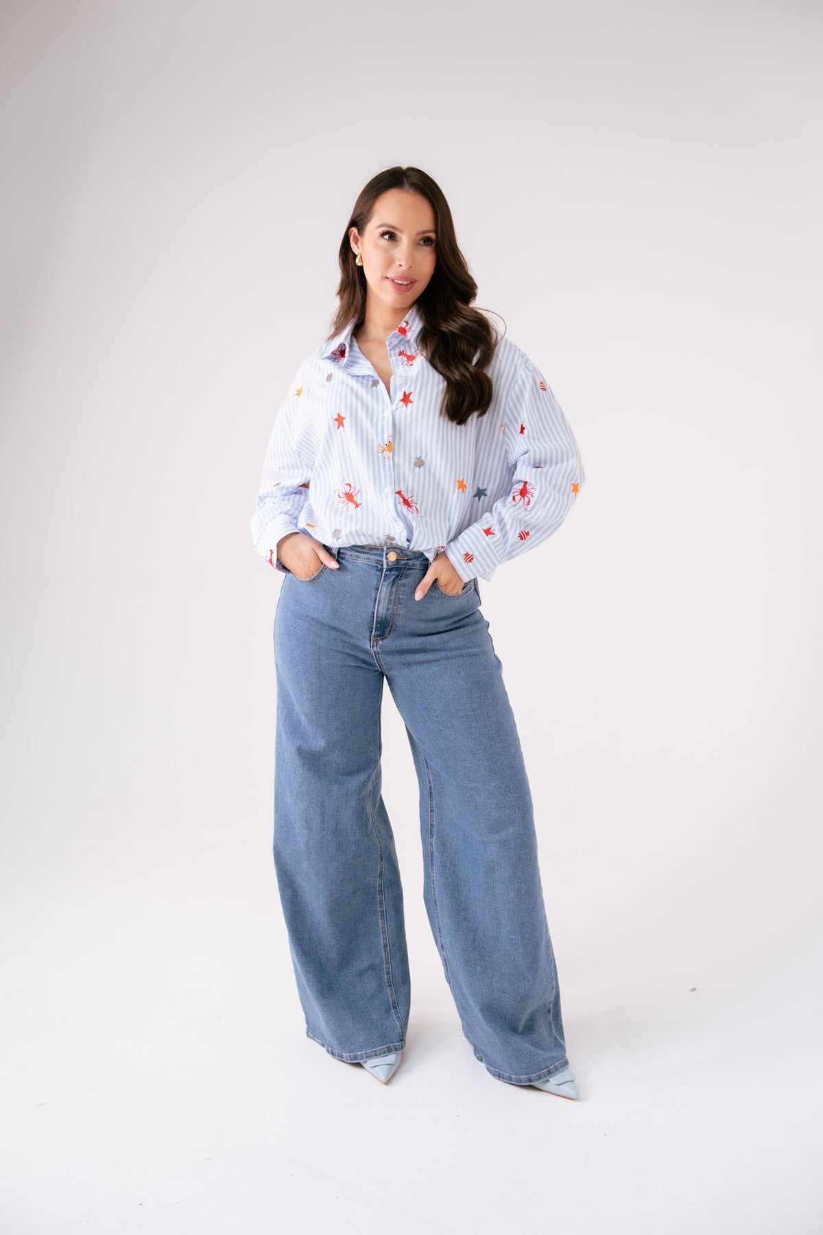 Maddie Multi Embroidered Pinstripe Shirt In Blue