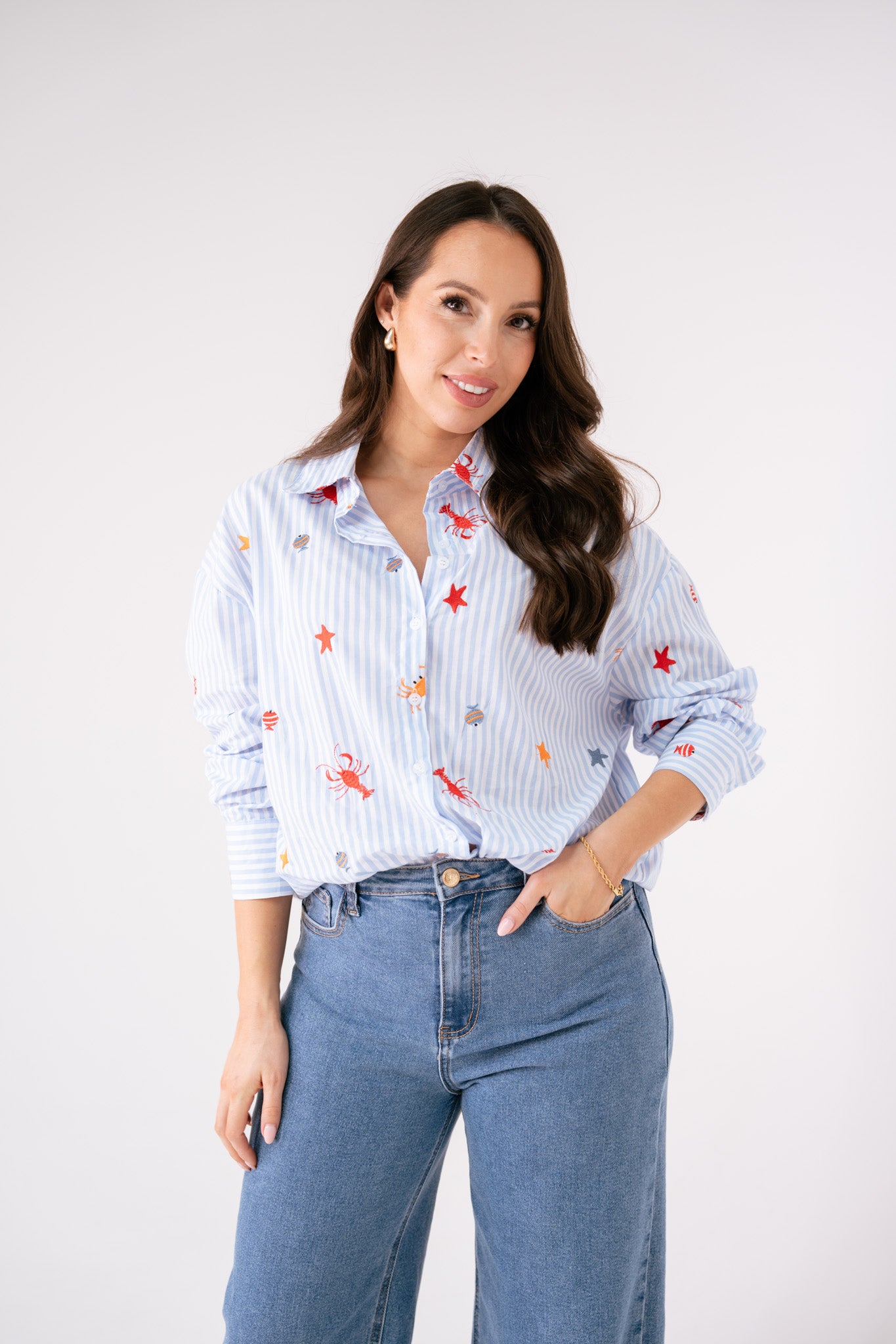 Maddie Multi Embroidered Pinstripe Shirt In Blue