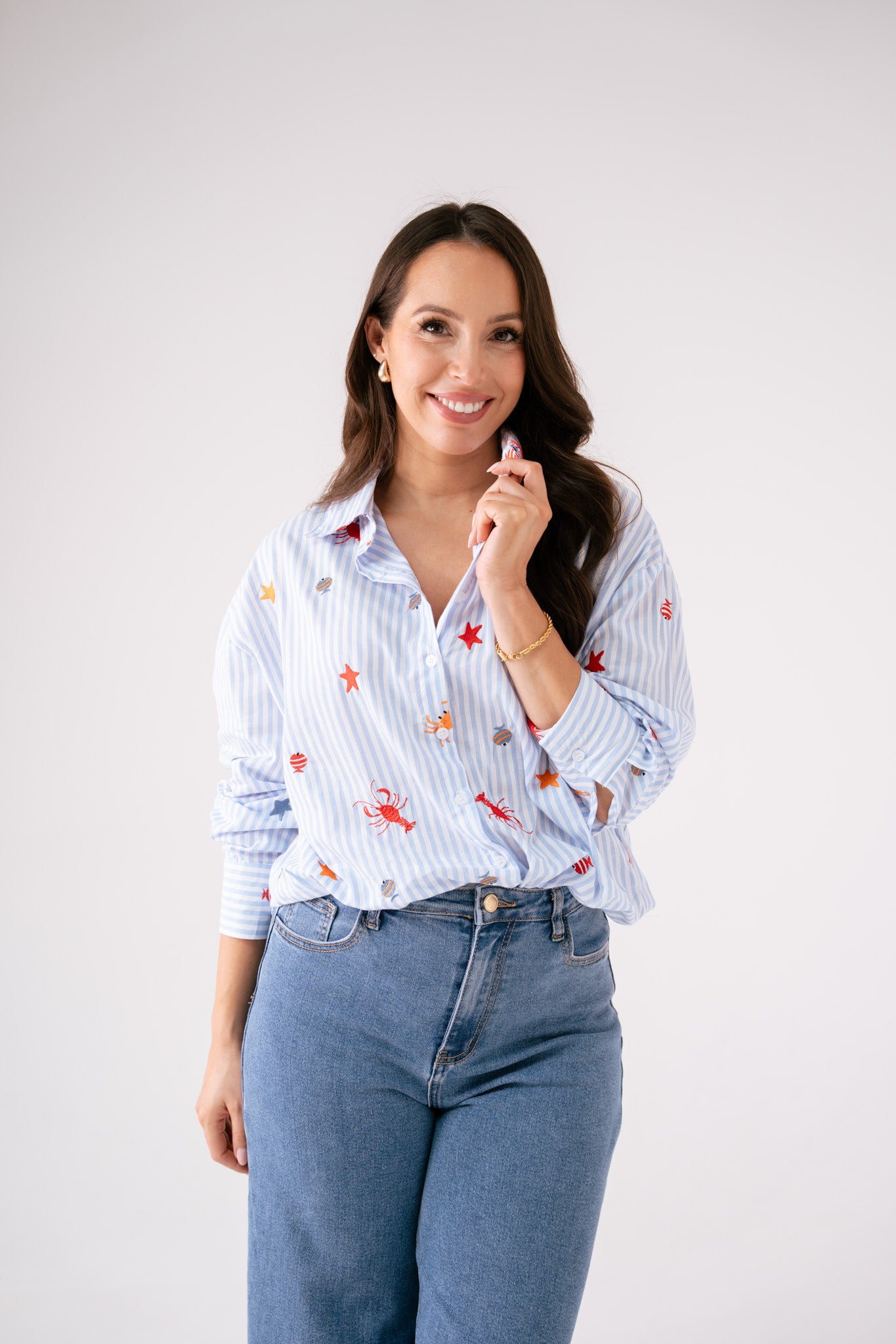 Maddie Multi Embroidered Pinstripe Shirt In Blue