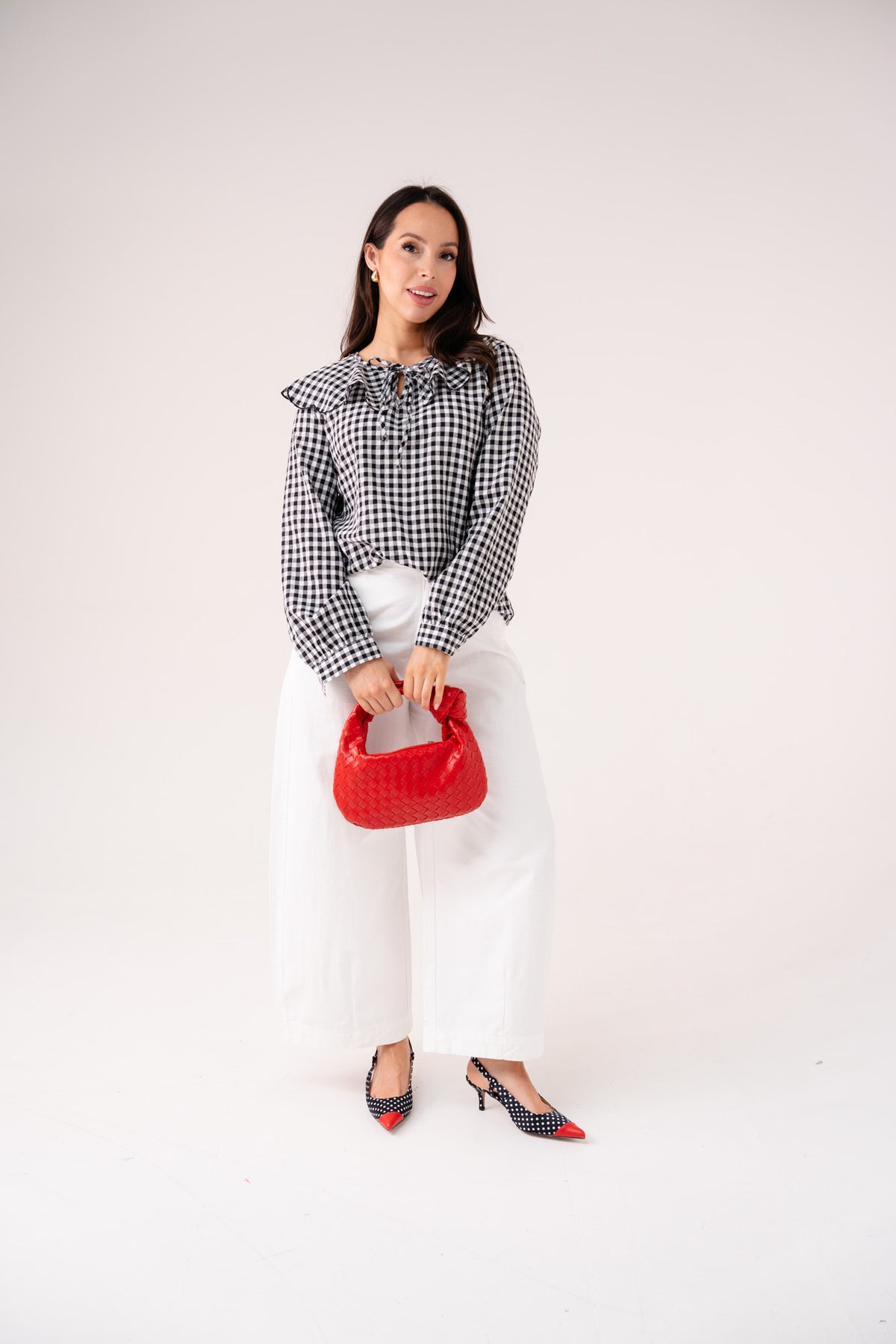 Maddie Tie Neck Gingham Blouse In Black