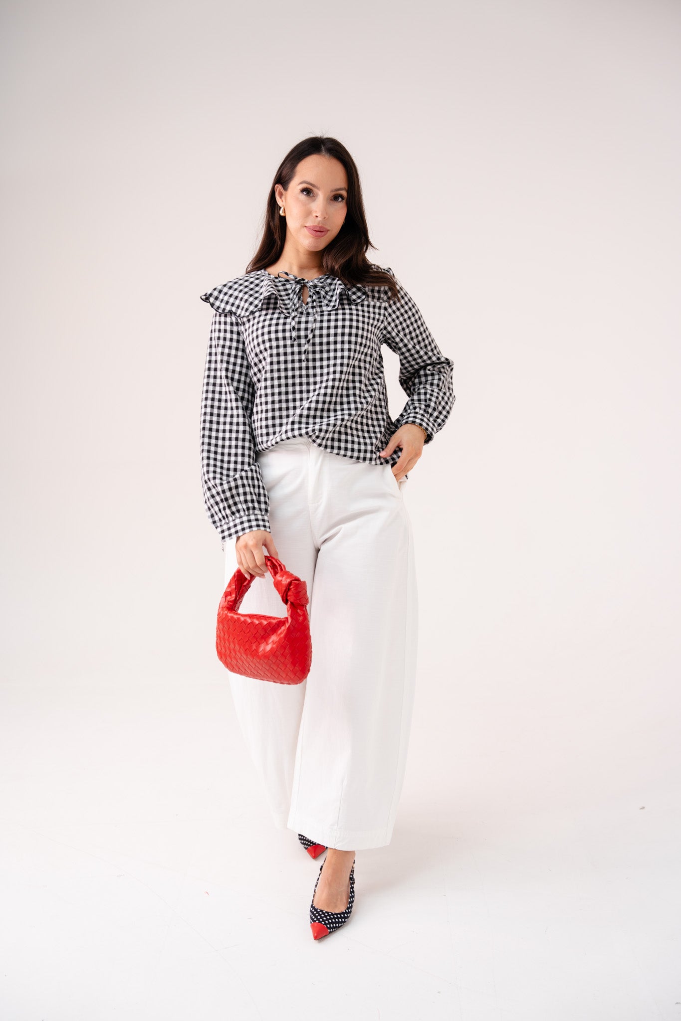 Maddie Tie Neck Gingham Blouse In Black