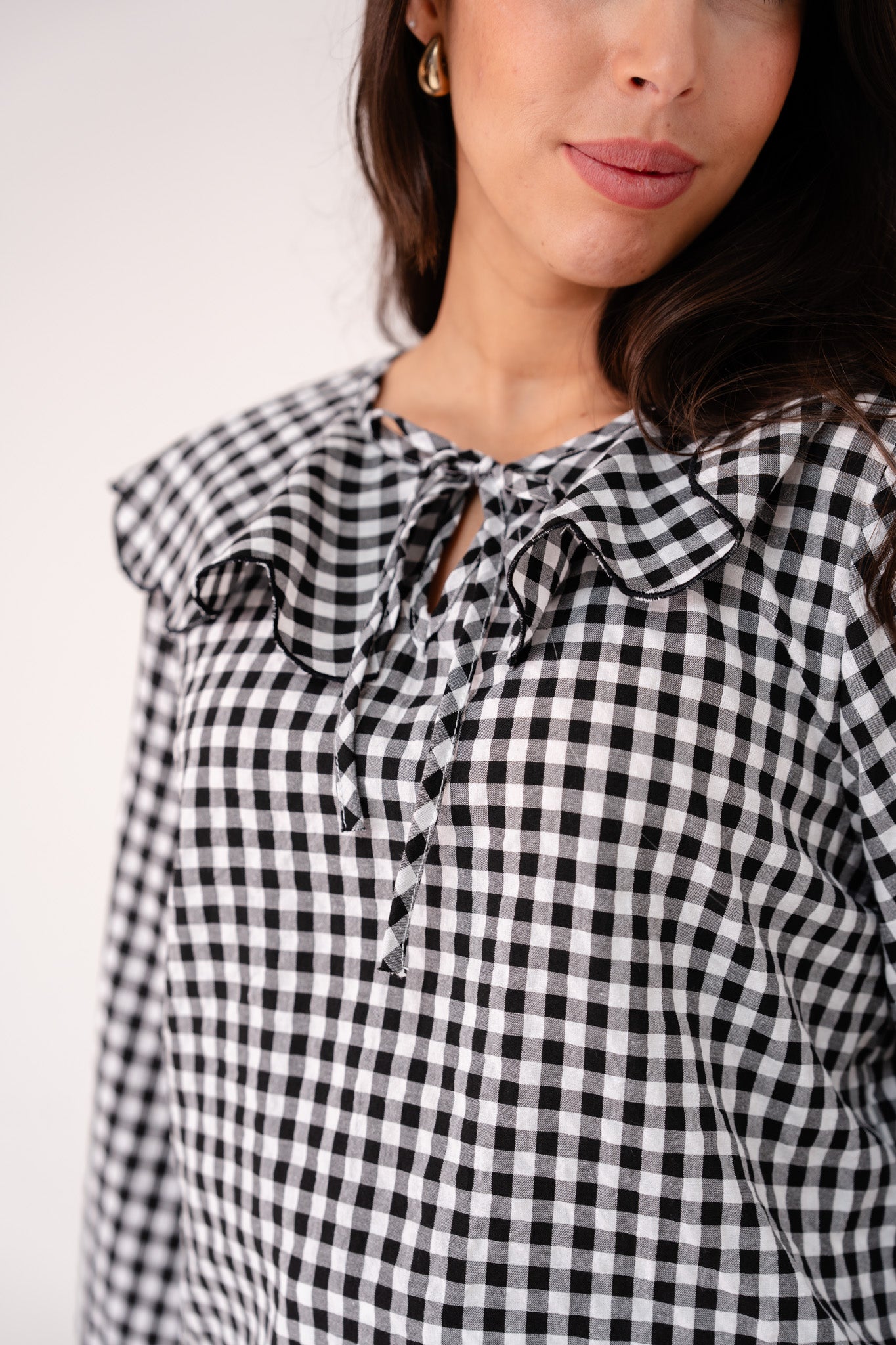 Maddie Tie Neck Gingham Blouse In Black