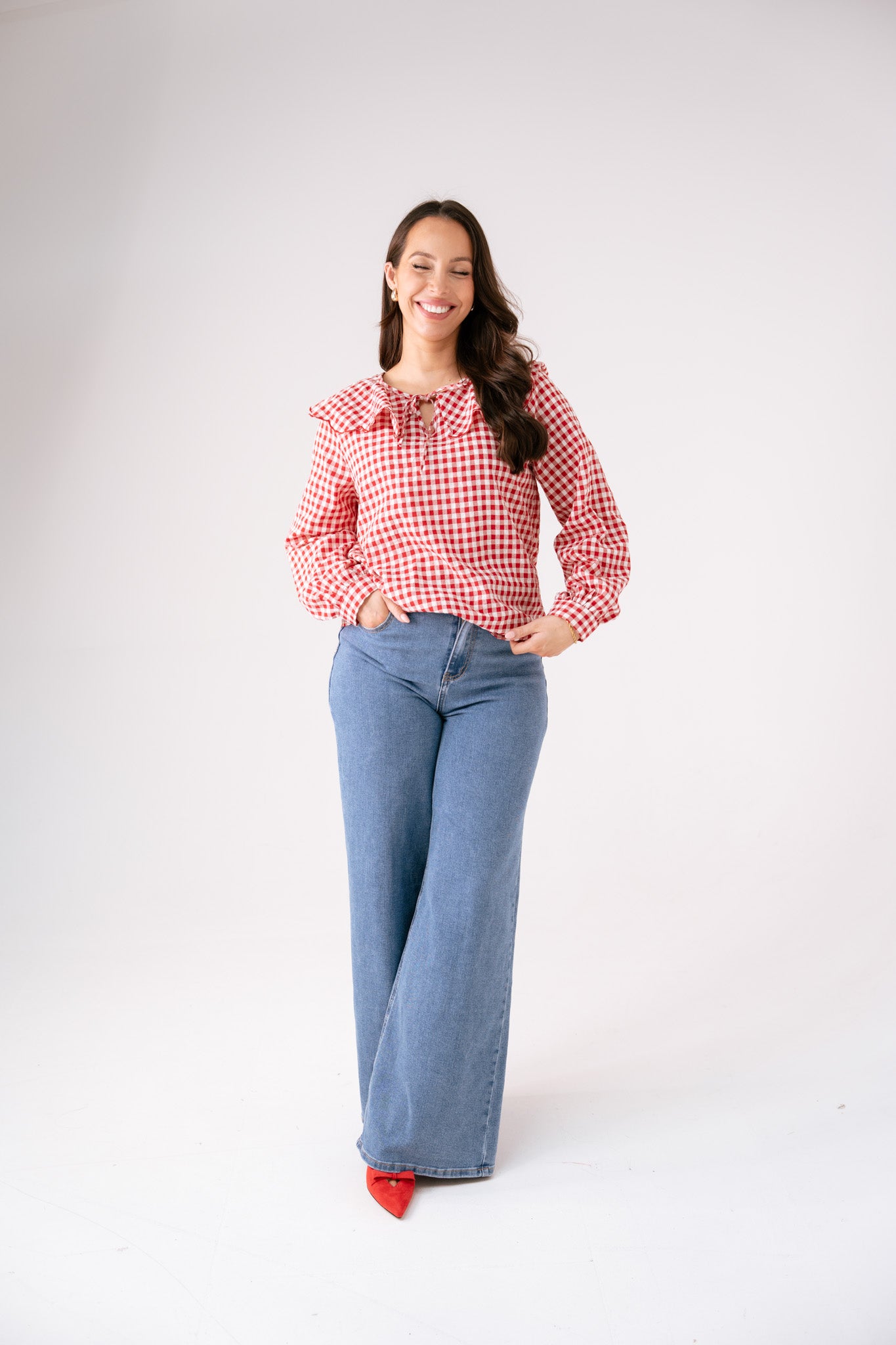 Maddie Tie Neck Gingham Blouse In Red