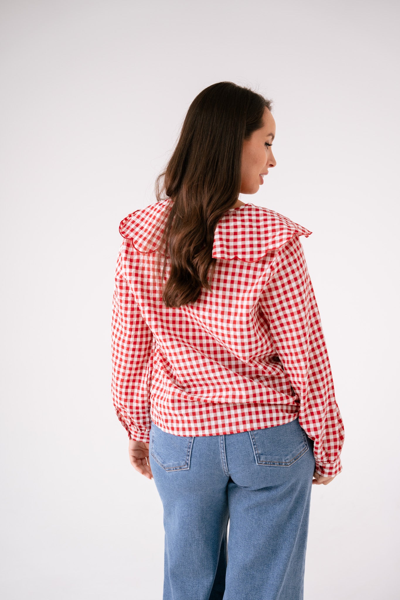 Maddie Tie Neck Gingham Blouse In Red