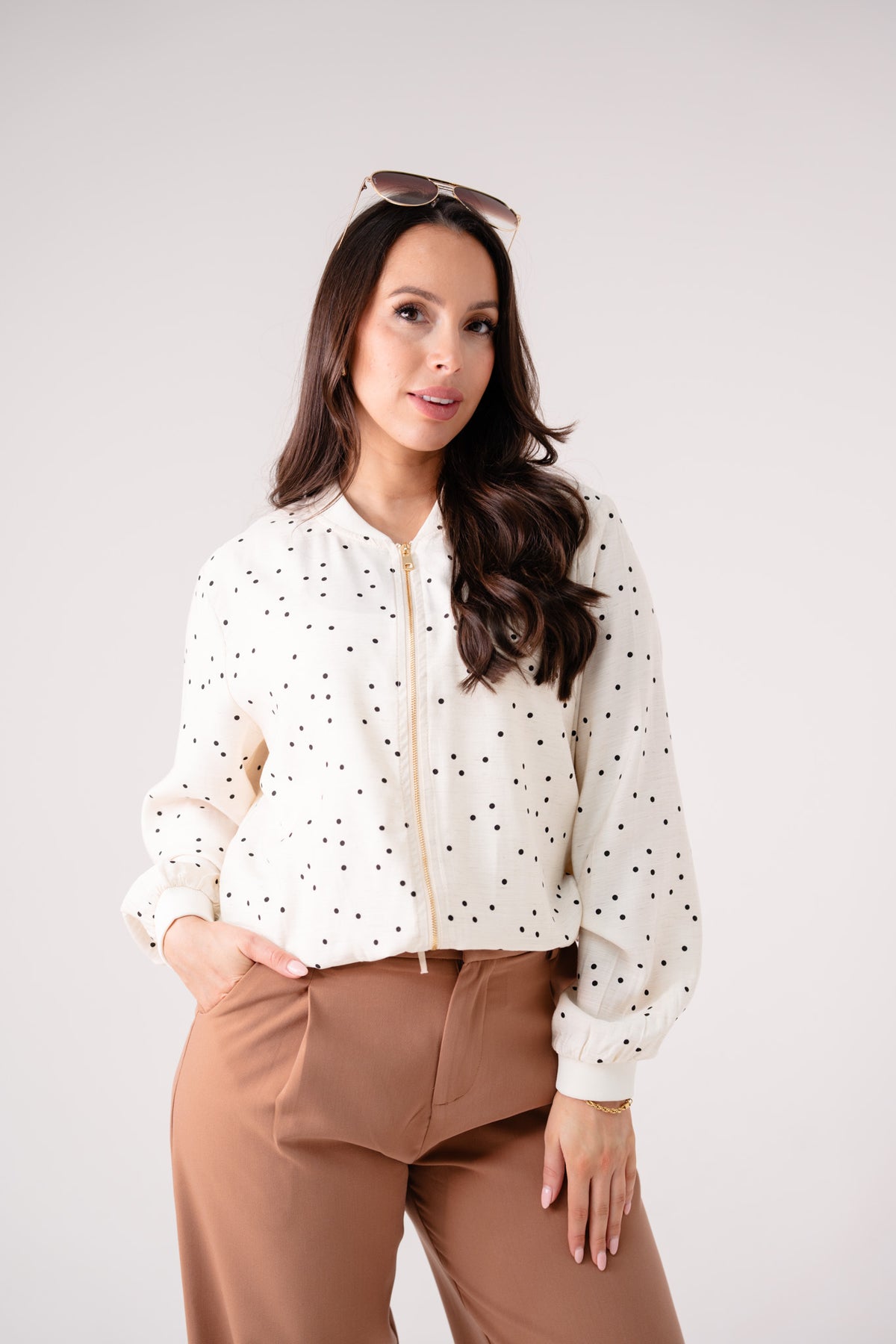 Maddie Polka Dot Bomber Jacket In Cream