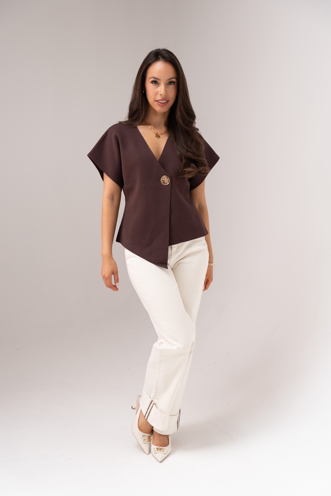 Maria Short Sleeve Cardigan In Chocolate