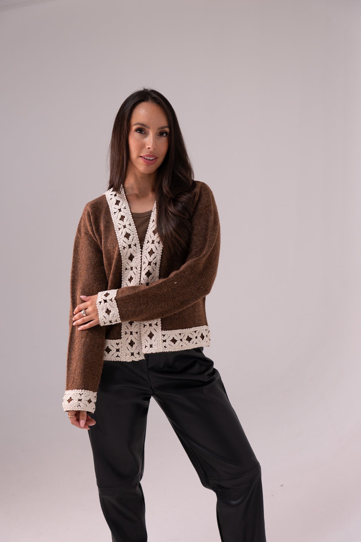Megan Crochet Trim Cardigan In Chocolate