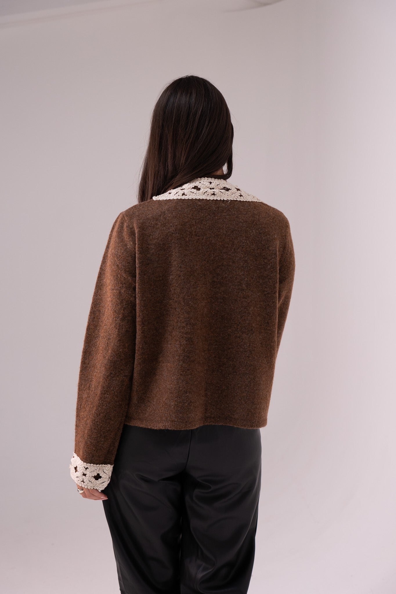 Megan Crochet Trim Cardigan In Chocolate