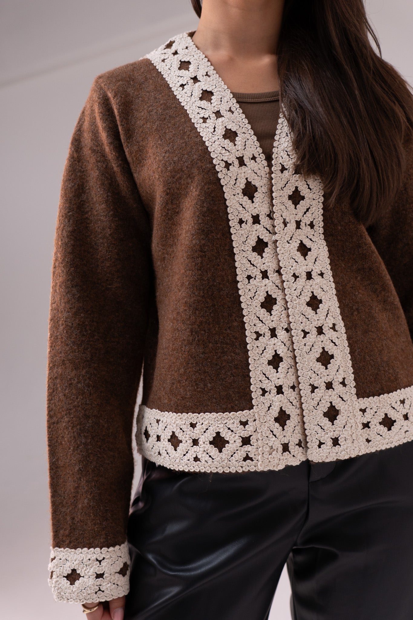 Megan Crochet Trim Cardigan In Chocolate