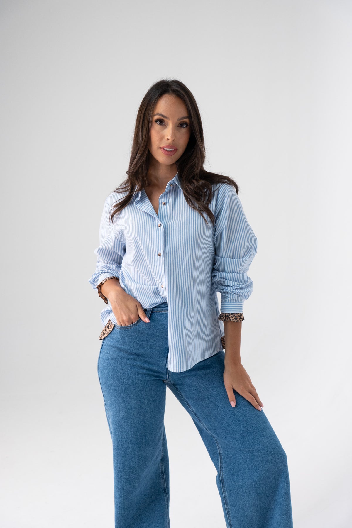 Megan Leopard Print Trim Shirt In Blue