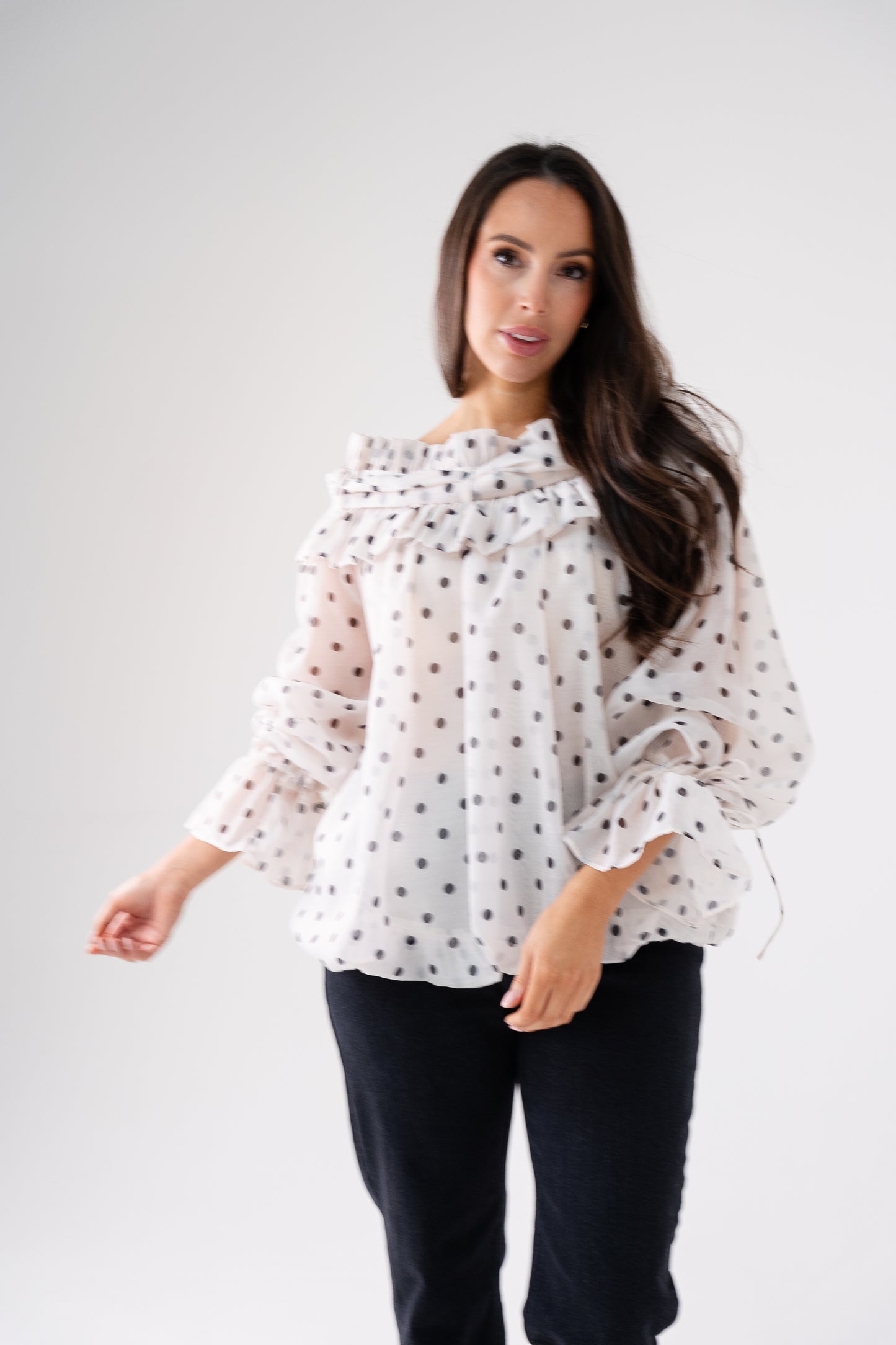 Megan Polka Dot Bardot Blouse In Cream
