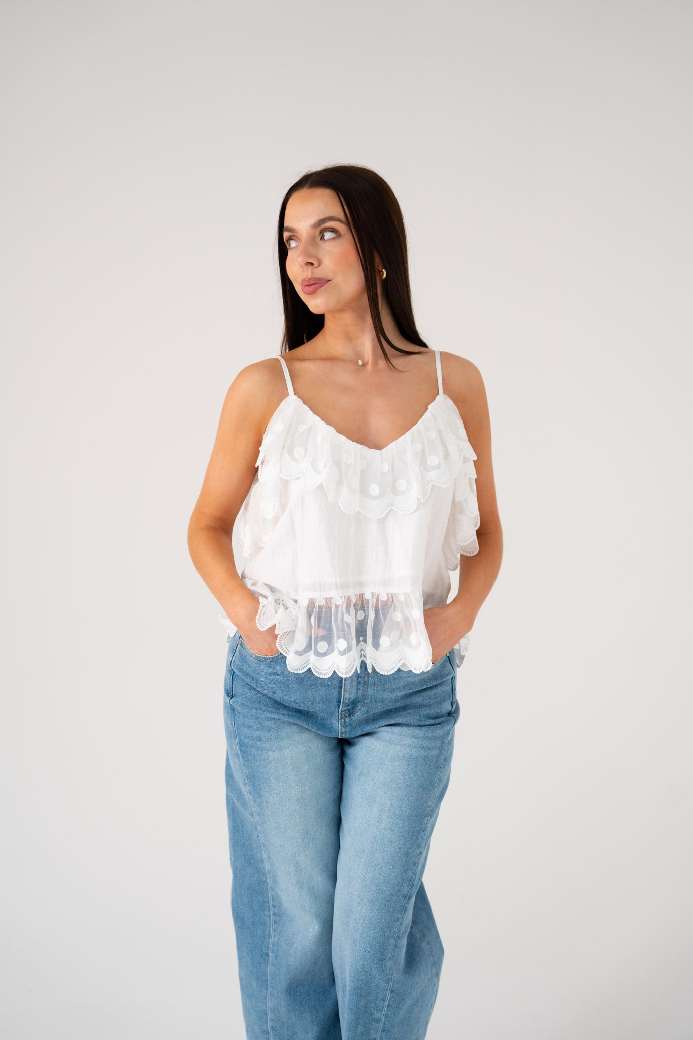 Megan Spotted Lace Trim Cami In White