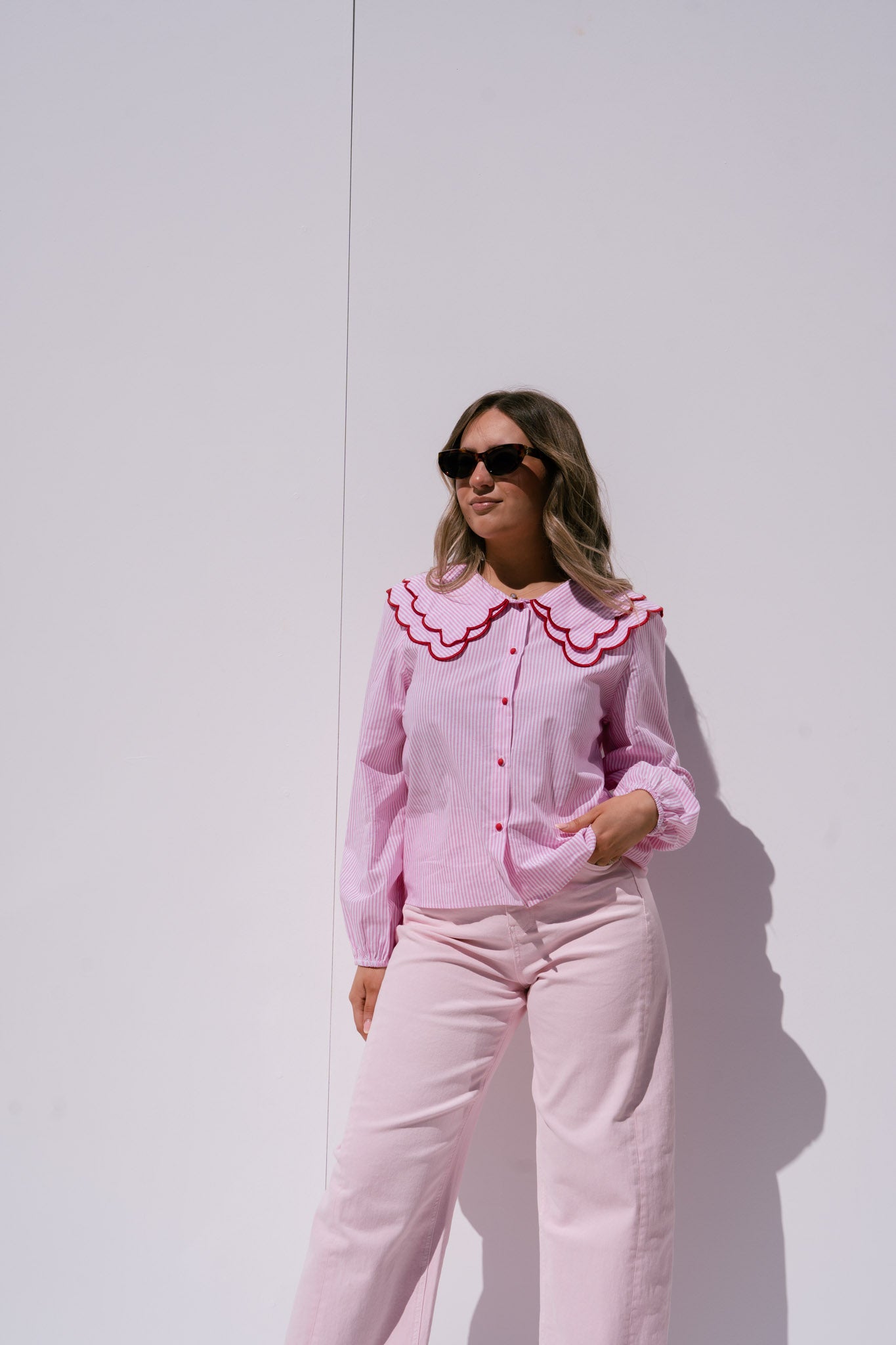 Megan Layered Collar Pinstripe Shirt In Pink