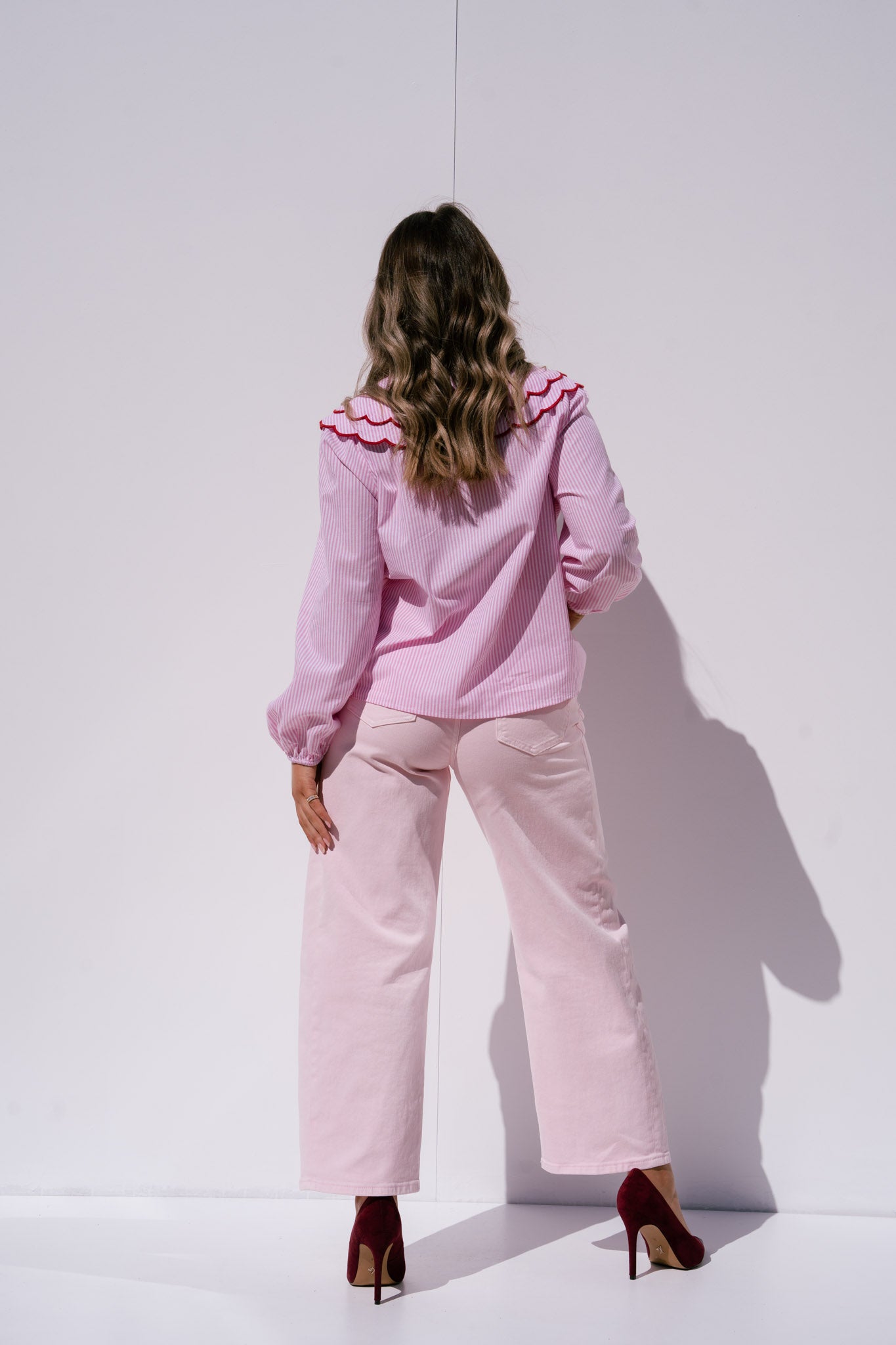 Megan Layered Collar Pinstripe Shirt In Pink