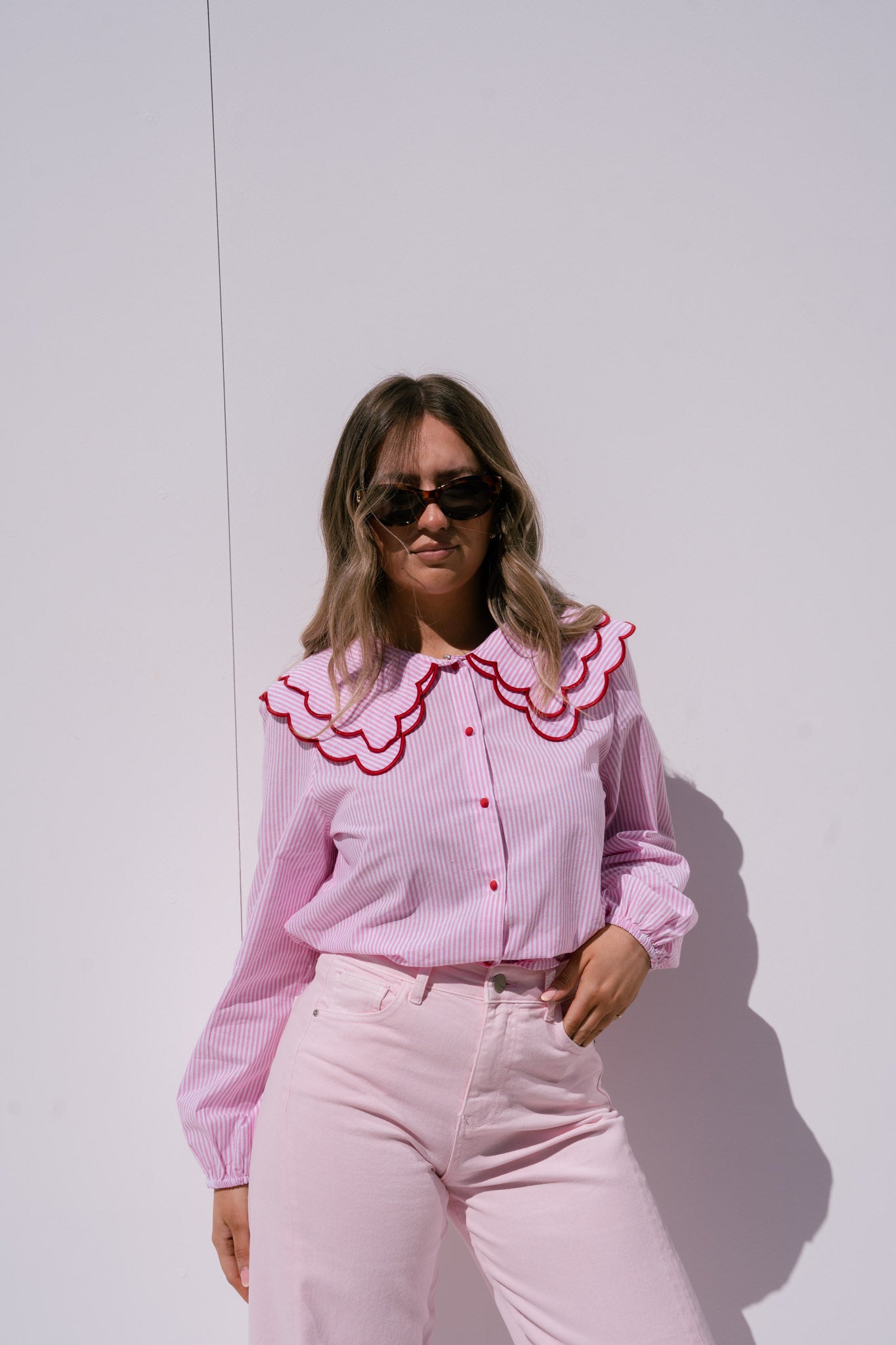 Megan Layered Collar Pinstripe Shirt In Pink