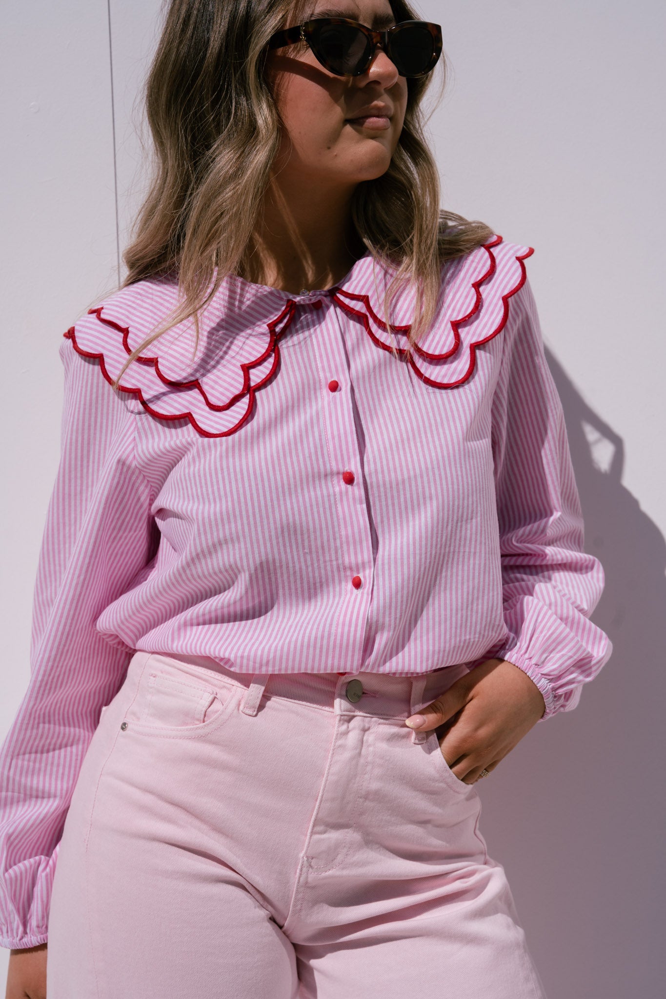 Megan Layered Collar Pinstripe Shirt In Pink