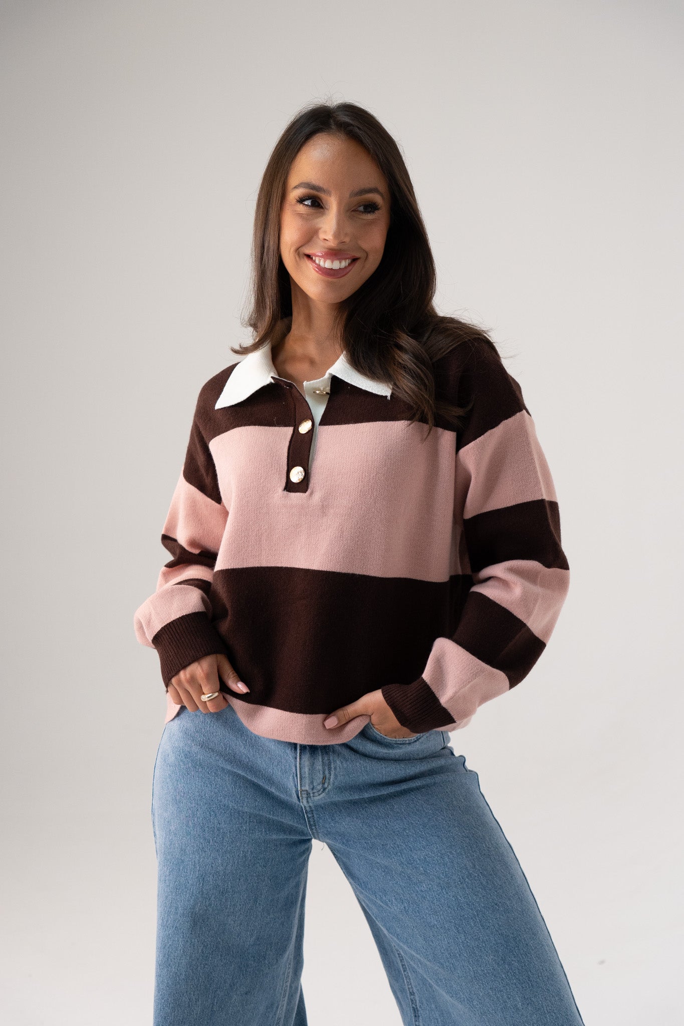 Millie Broad Stripe Rugby Top In Coffee & Pink