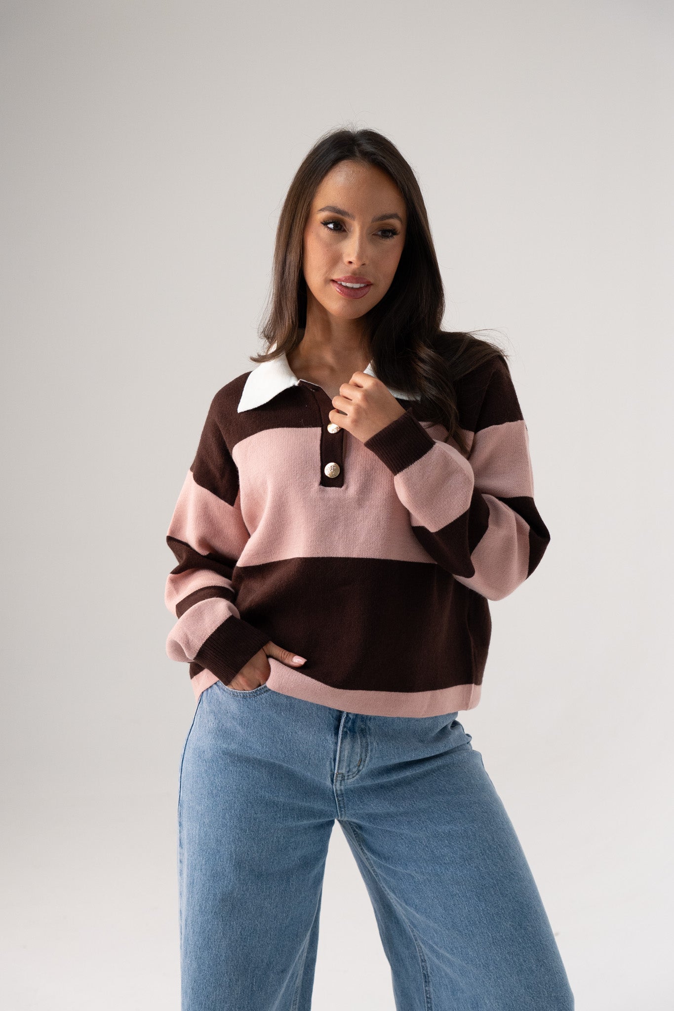 Millie Broad Stripe Rugby Top In Coffee & Pink