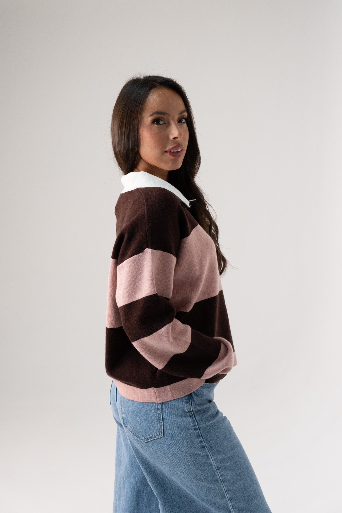 Millie Broad Stripe Rugby Top In Coffee & Pink