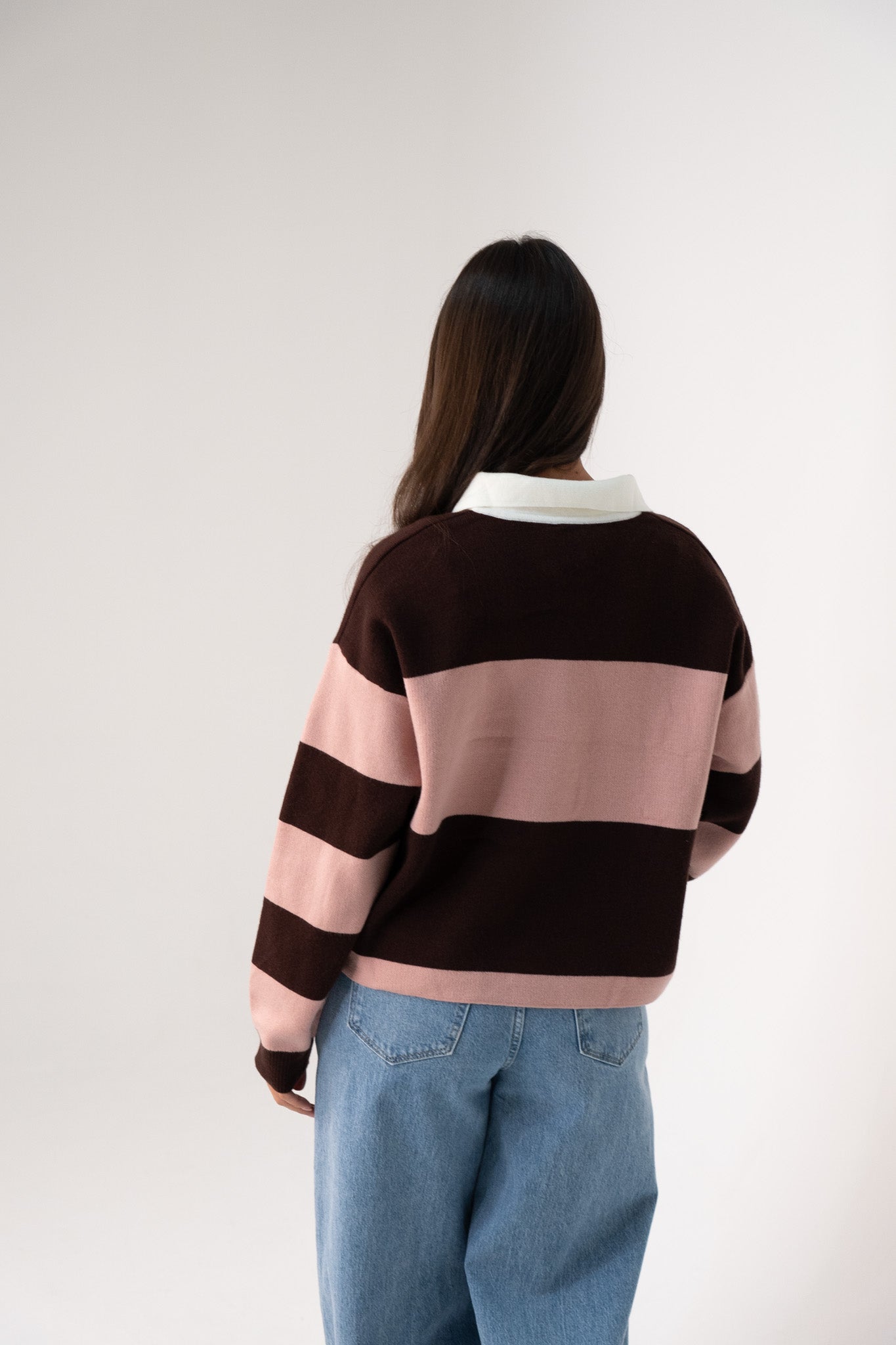 Millie Broad Stripe Rugby Top In Coffee & Pink