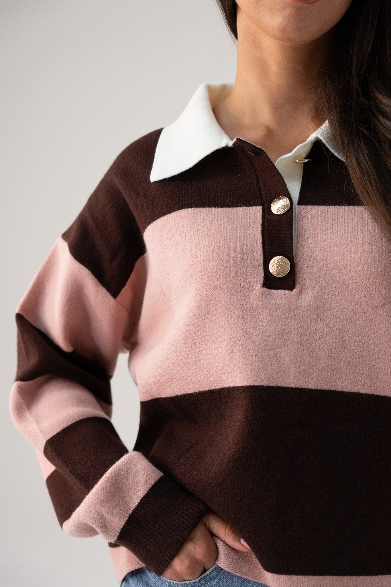 Millie Broad Stripe Rugby Top In Coffee & Pink