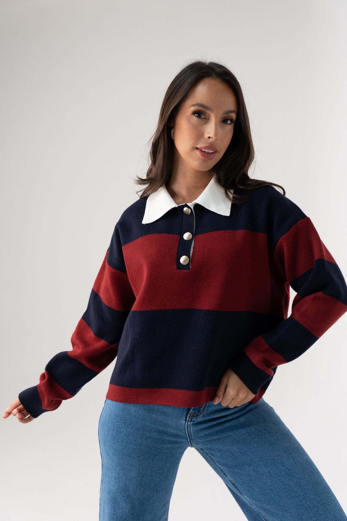 Millie Broad Stripe Rugby Top In Navy & Red