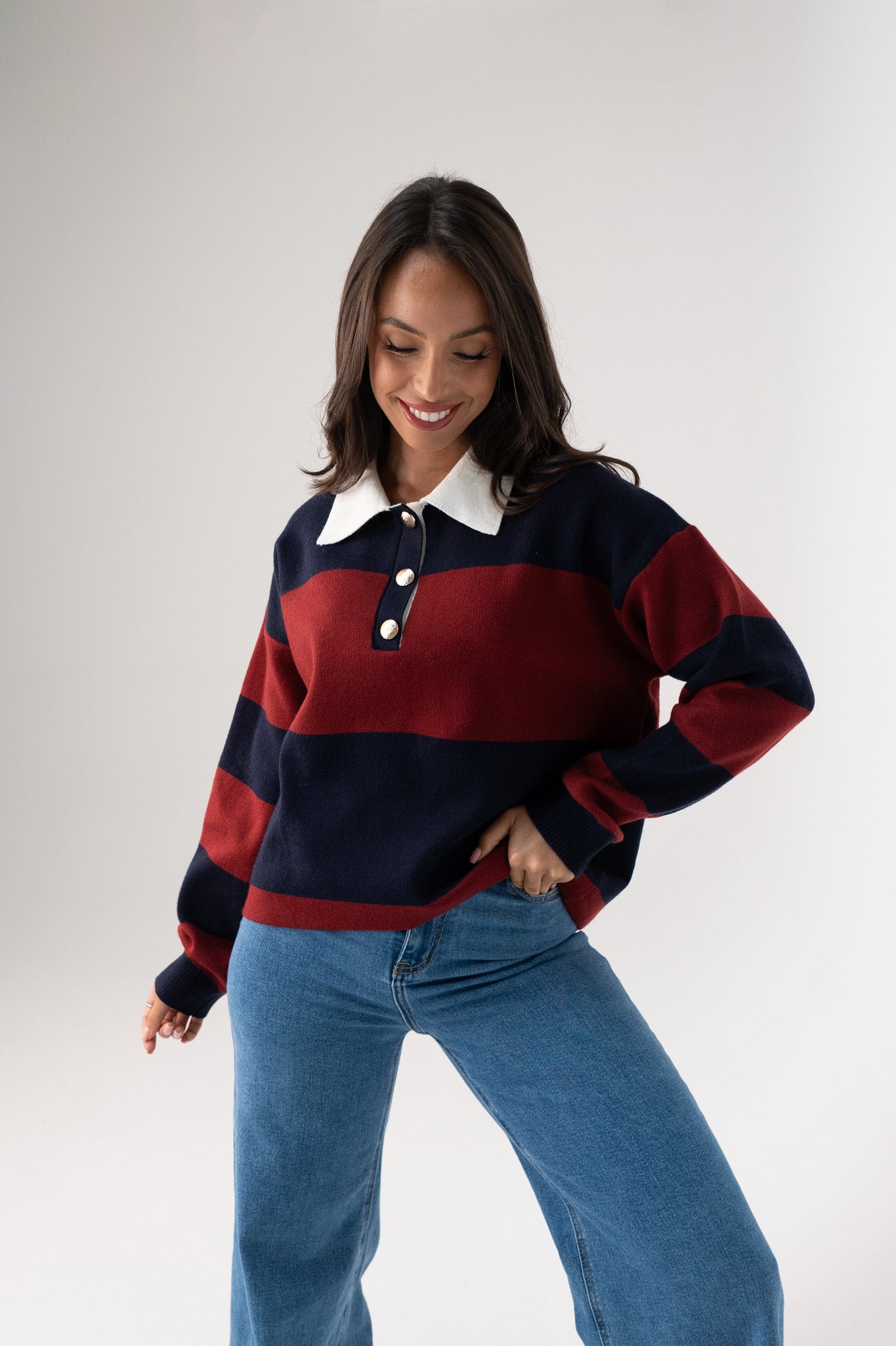 Millie Broad Stripe Rugby Top In Navy & Red