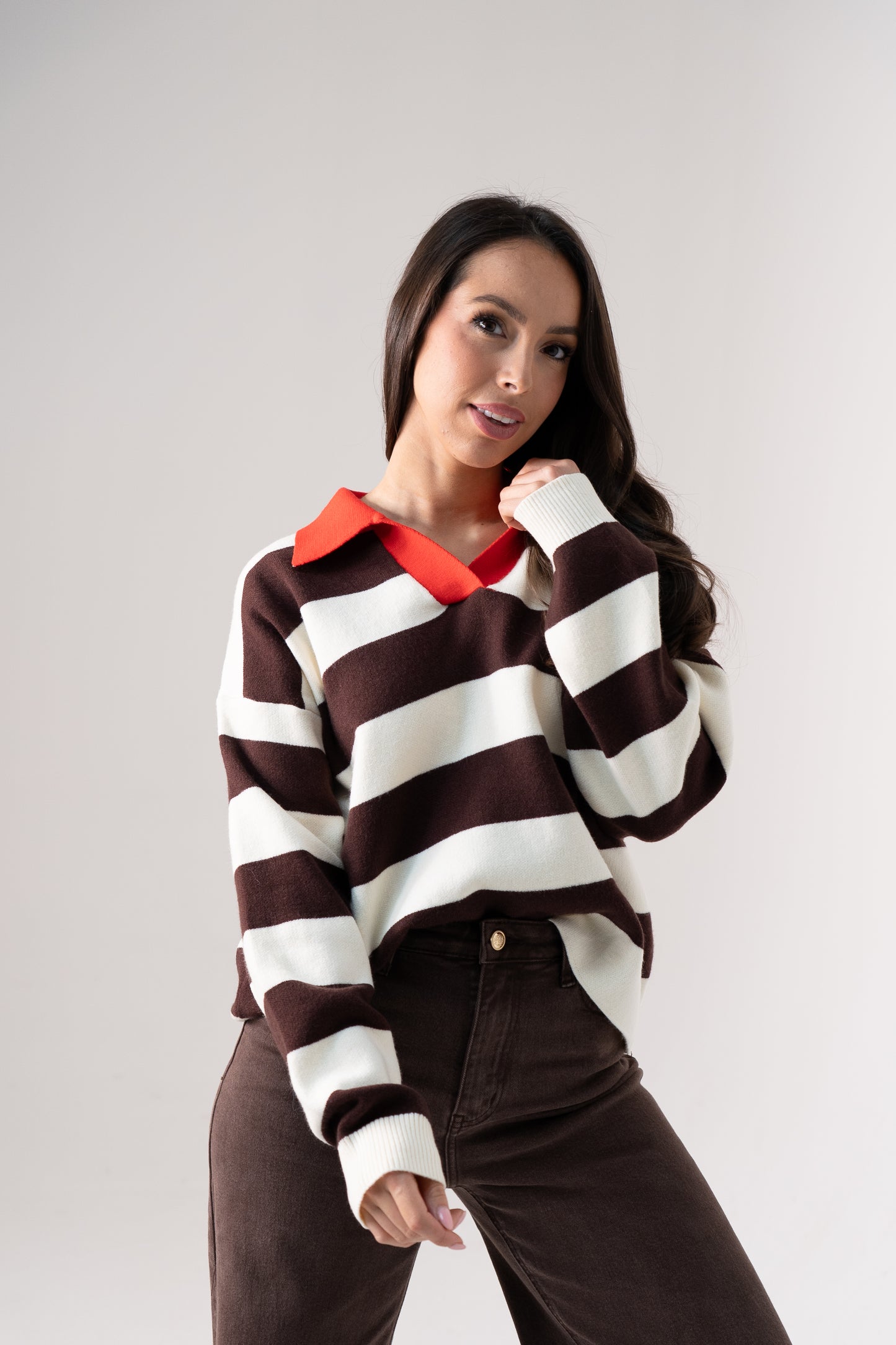 Millie Chocolate Stripe Rugby Top In Cream
