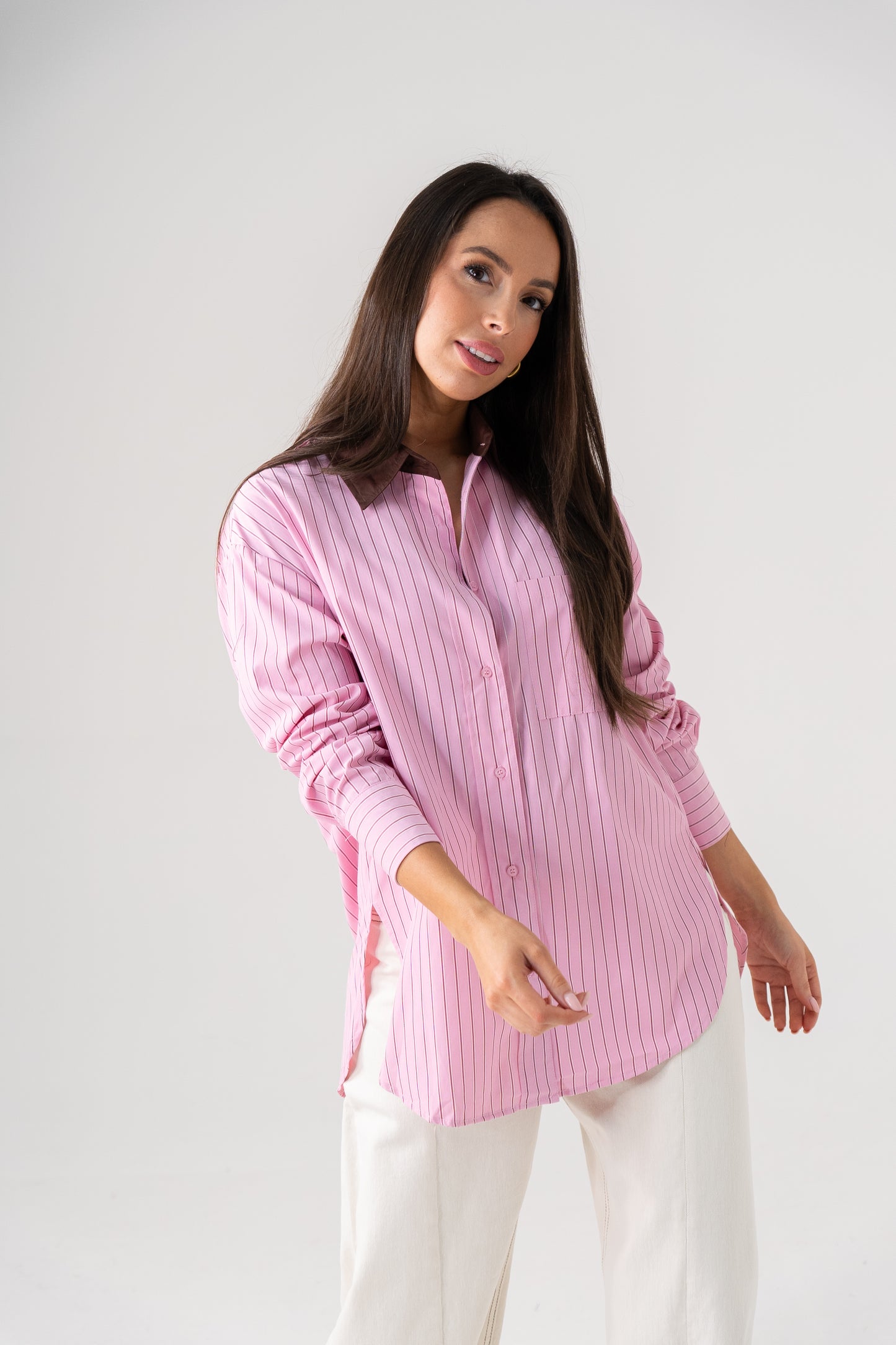 Millie Contrast Collar Stripe Shirt In Pink