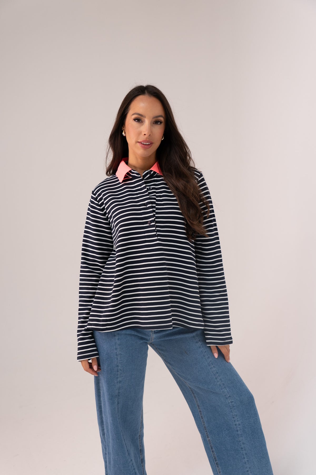 Millie Contrast Collar Top In Navy Stripe