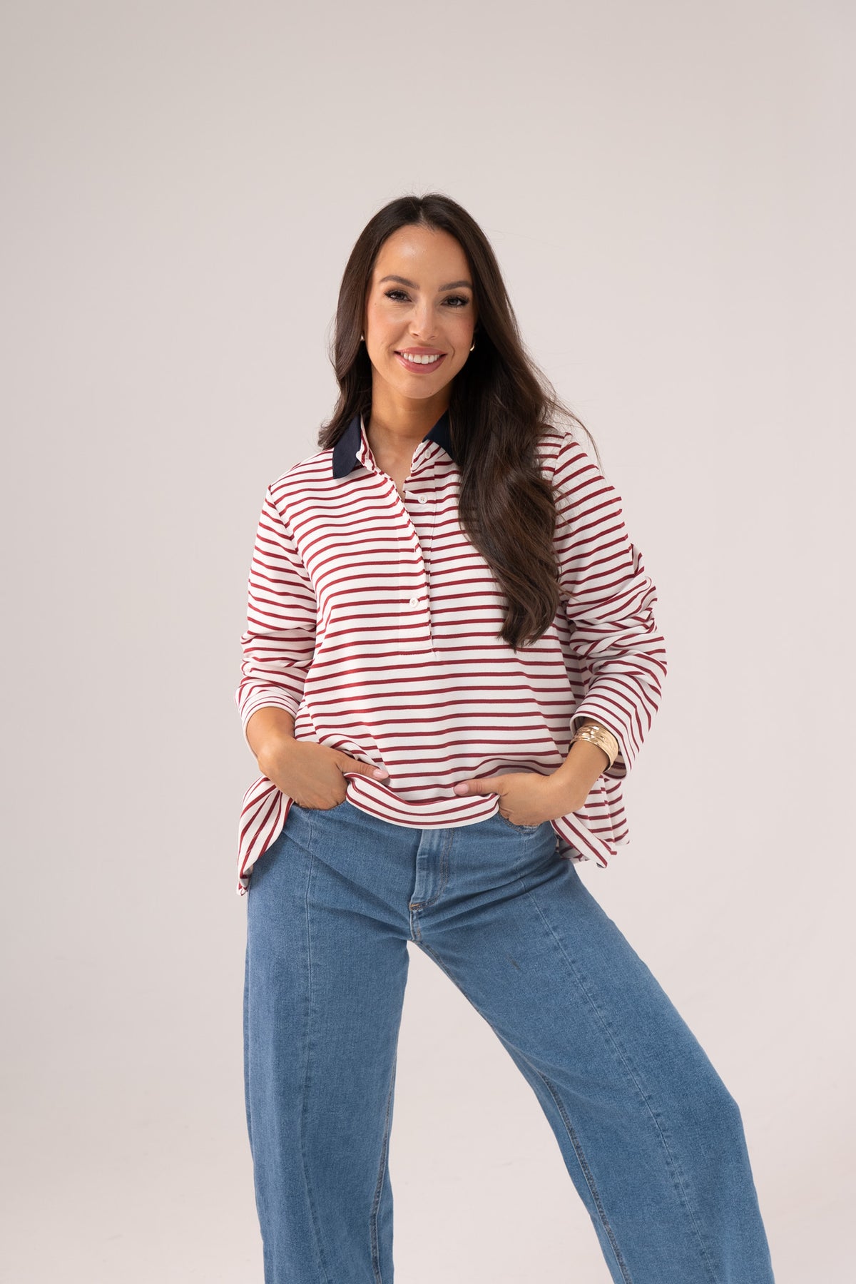 Millie Contrast Collar Top In Wine Stripe