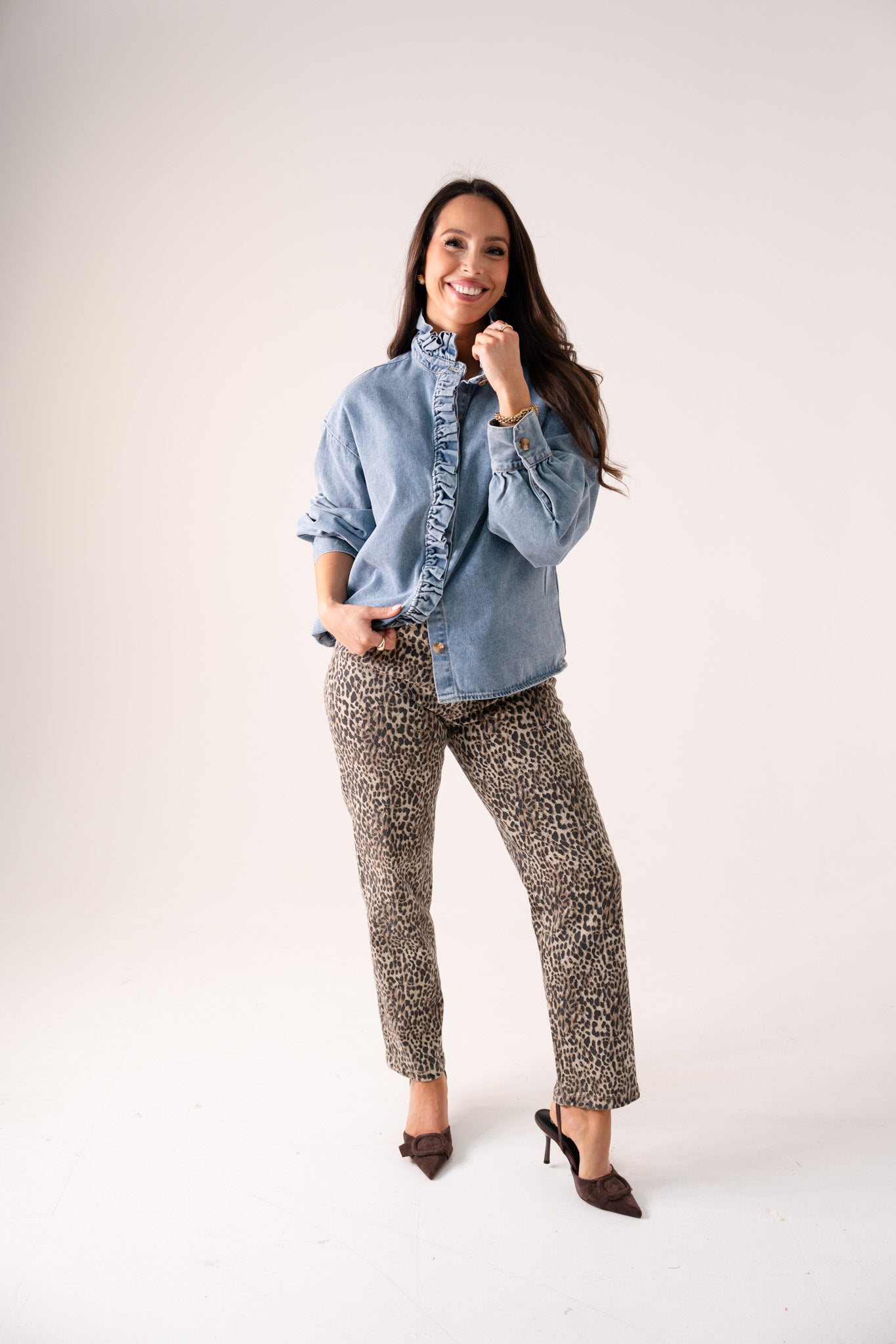 Millie Frill Detail Denim Shirt In Light Wash