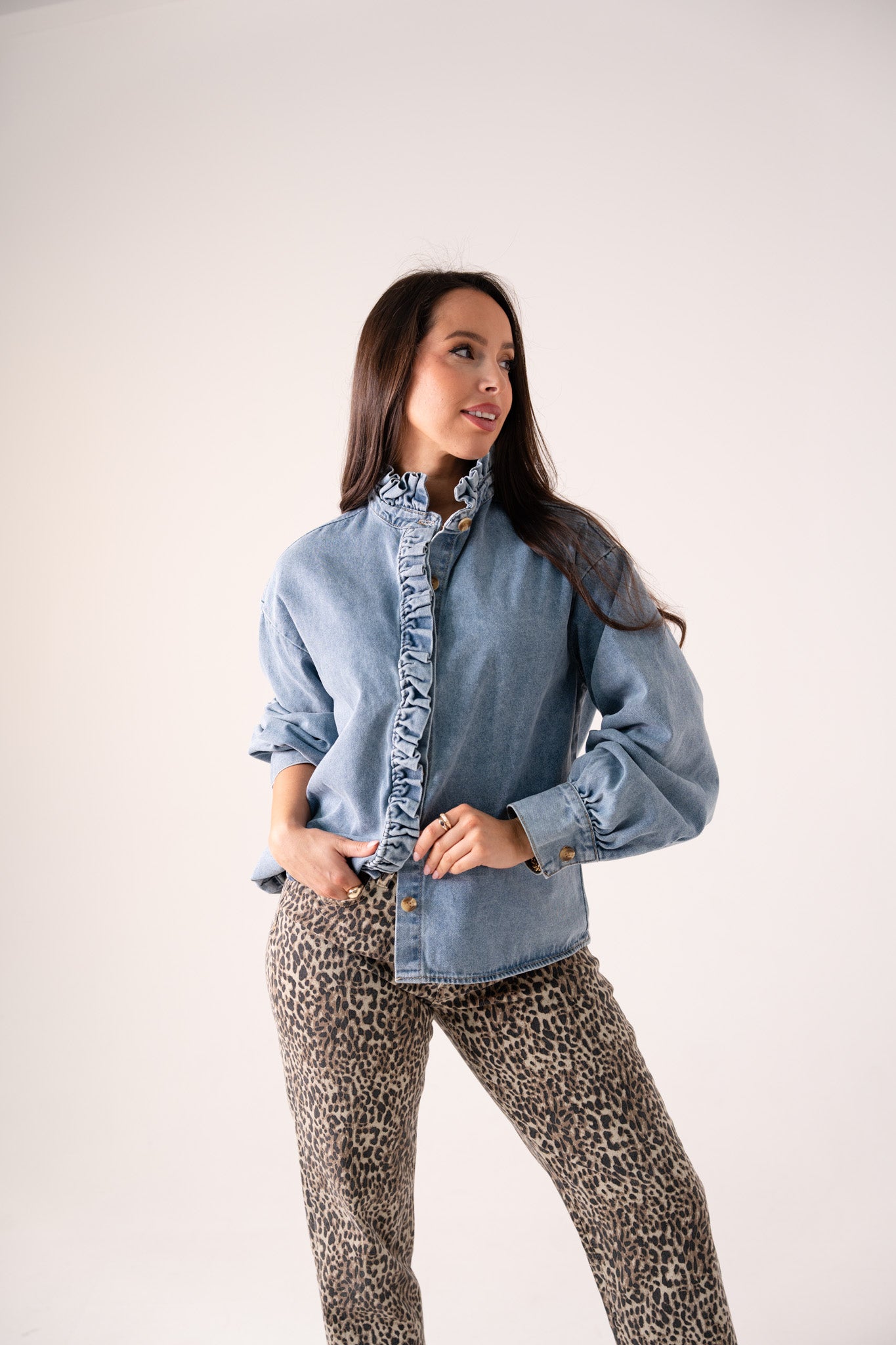Millie Frill Detail Denim Shirt In Light Wash