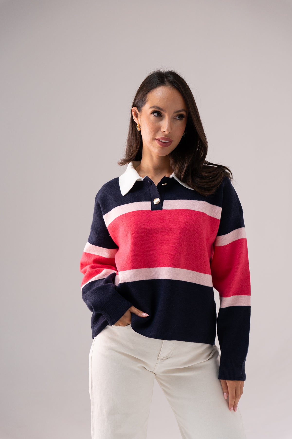 Millie Fuchsia Stripe Rugby Top In Navy