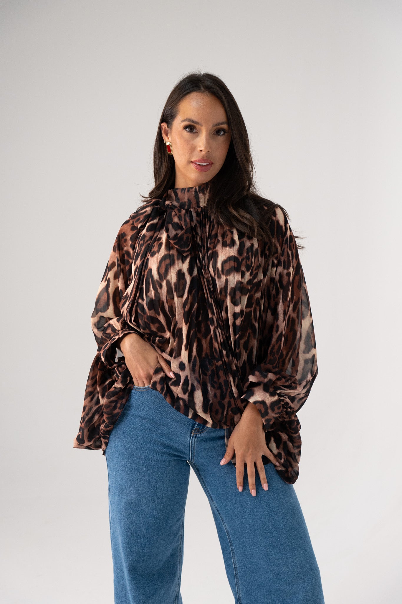 Millie High Neck Drape Top In Leopard Print