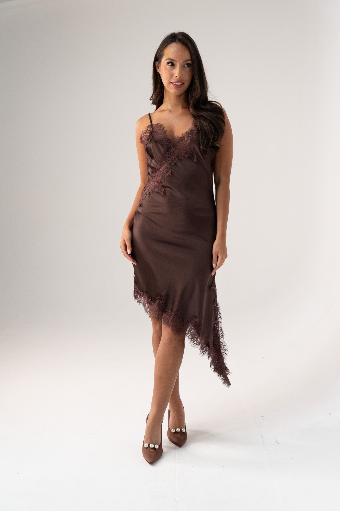 Millie Lace Trim Cami Dress In Chocolate