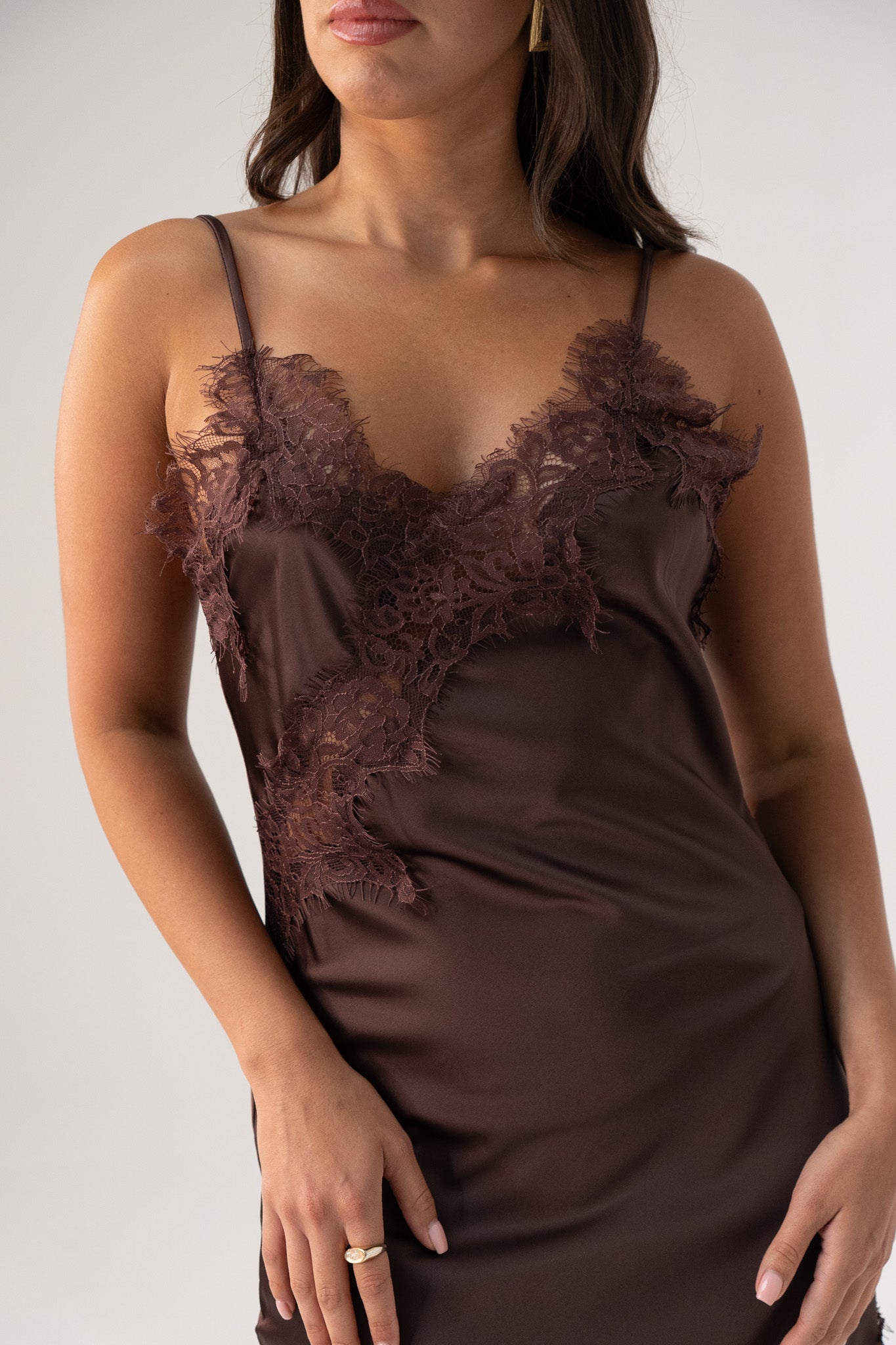 Millie Lace Trim Cami Dress In Chocolate