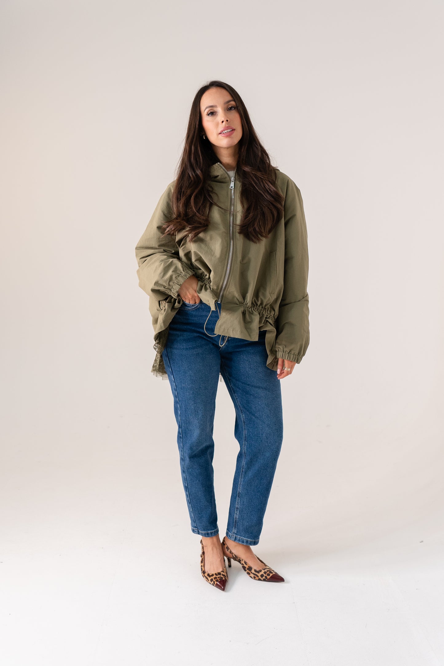 Millie Lace Trim Jacket In Khaki