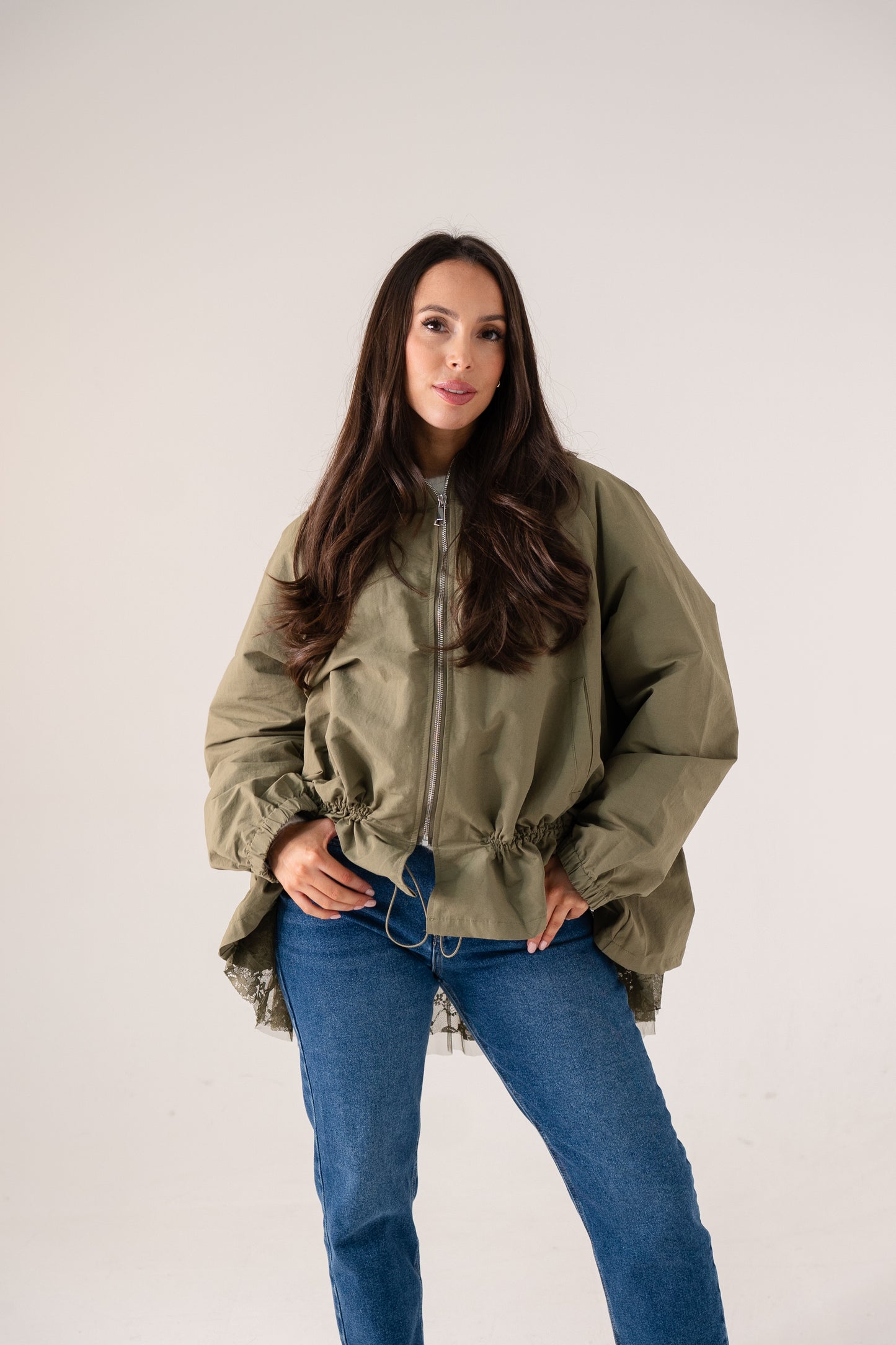 Millie Lace Trim Jacket In Khaki