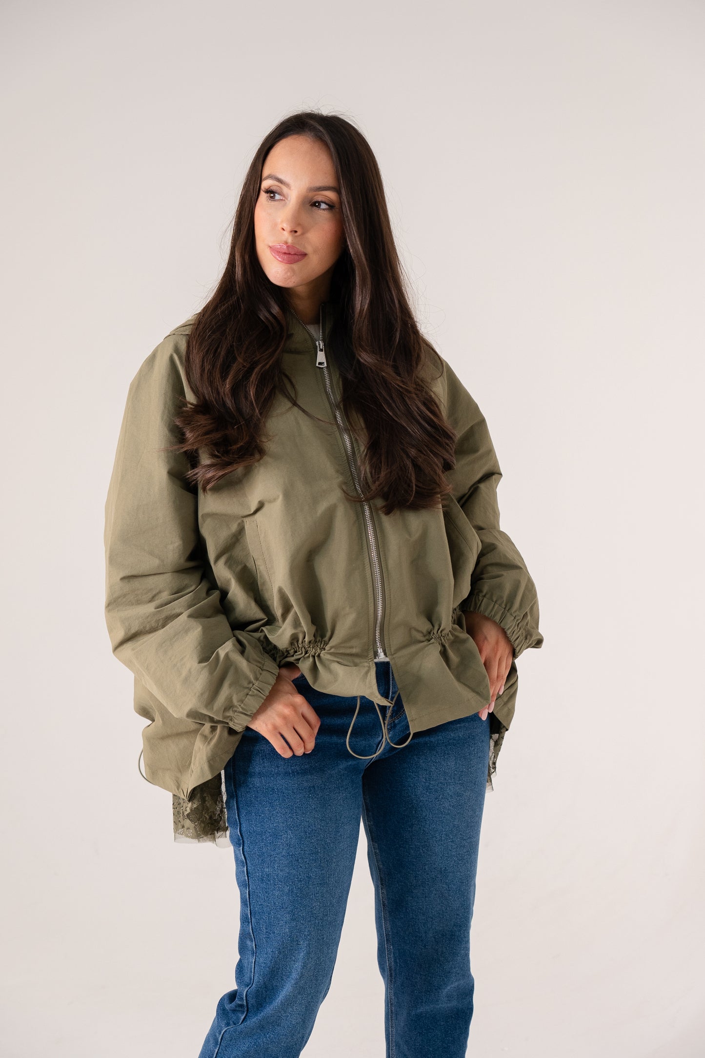 Millie Lace Trim Jacket In Khaki