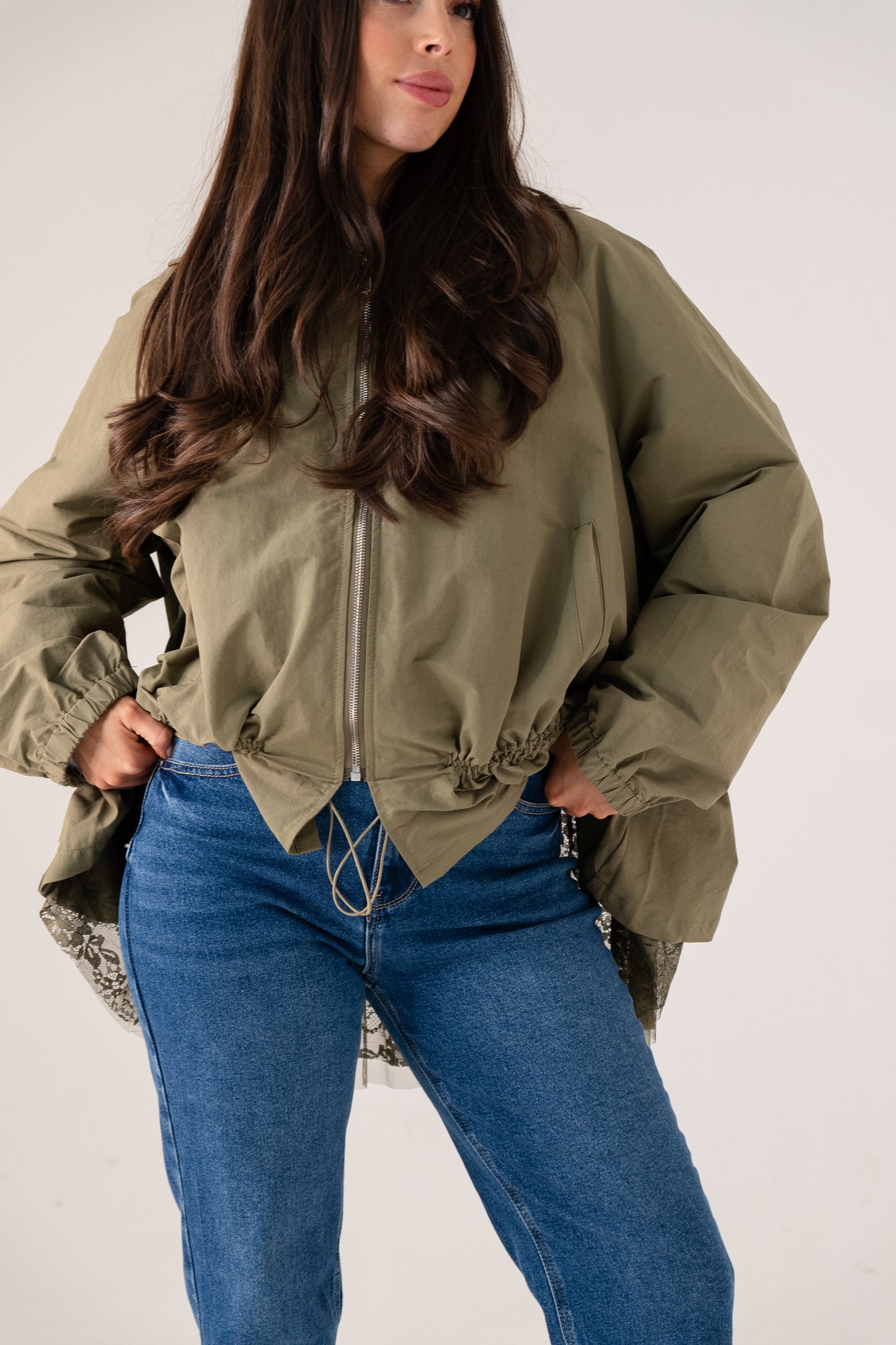 Millie Lace Trim Jacket In Khaki