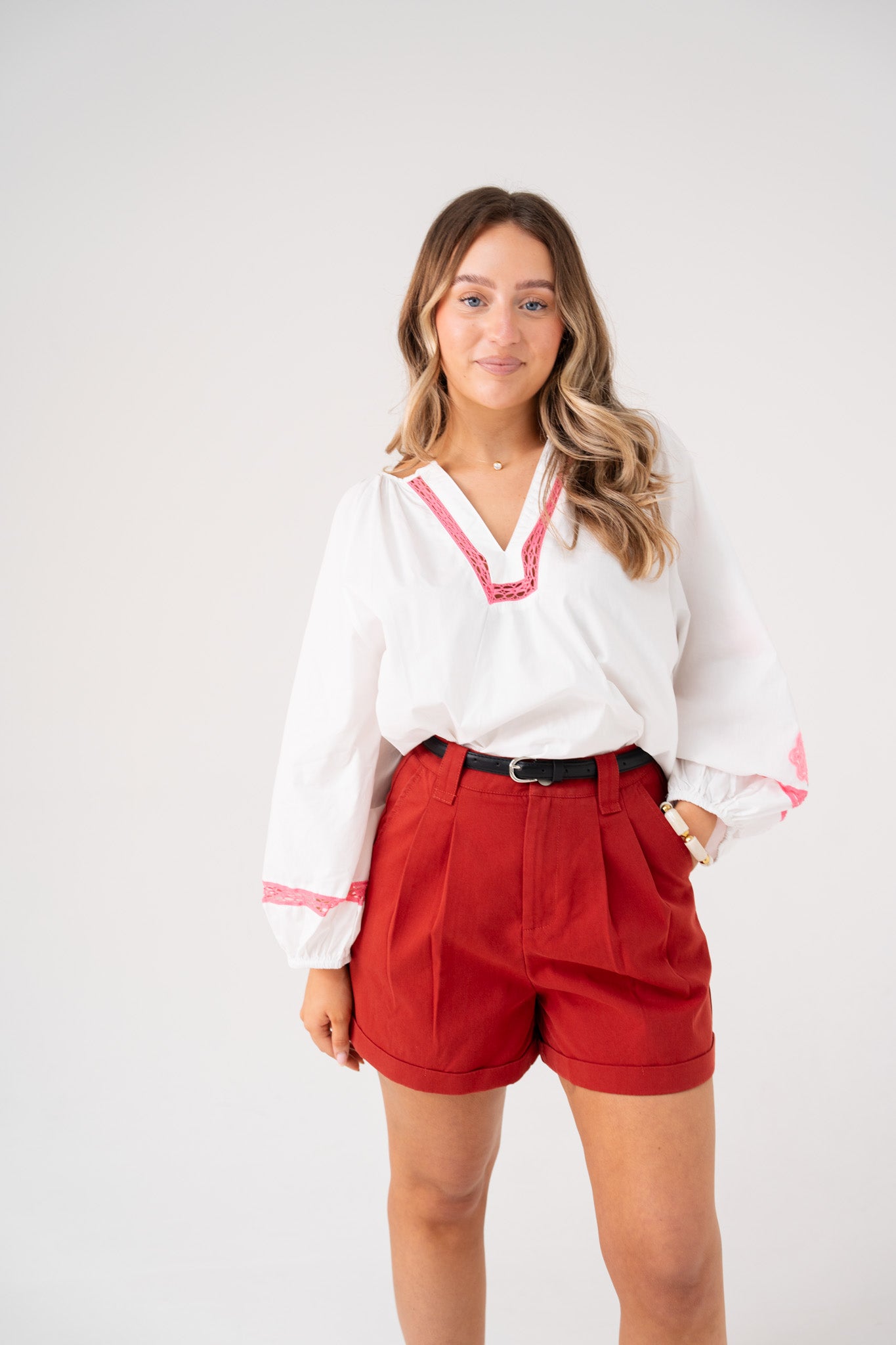 Millie Pink Floral Sleeve Blouse In White