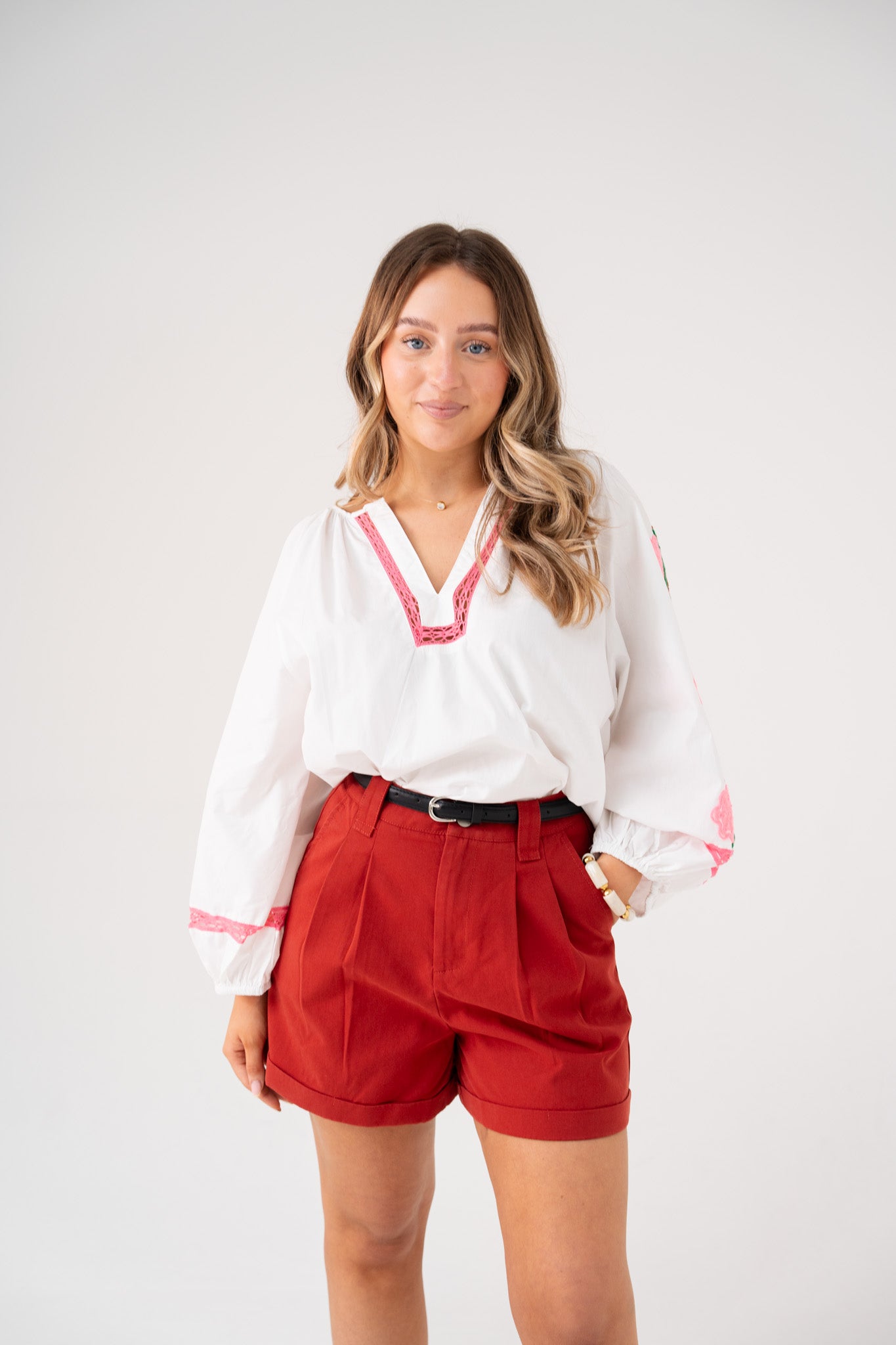 Millie Pink Floral Sleeve Blouse In White