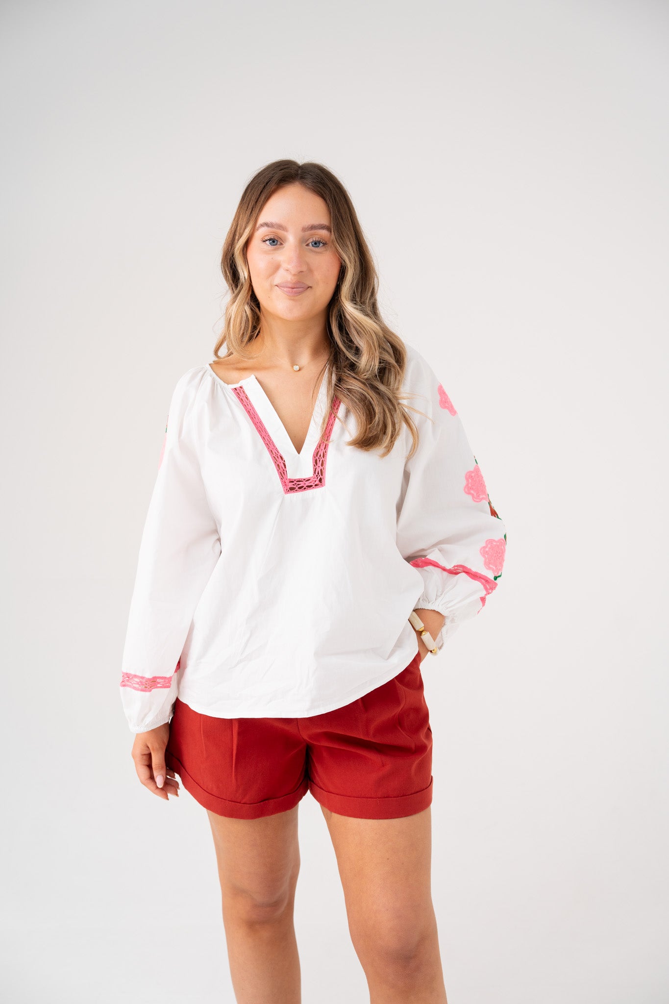 Millie Pink Floral Sleeve Blouse In White