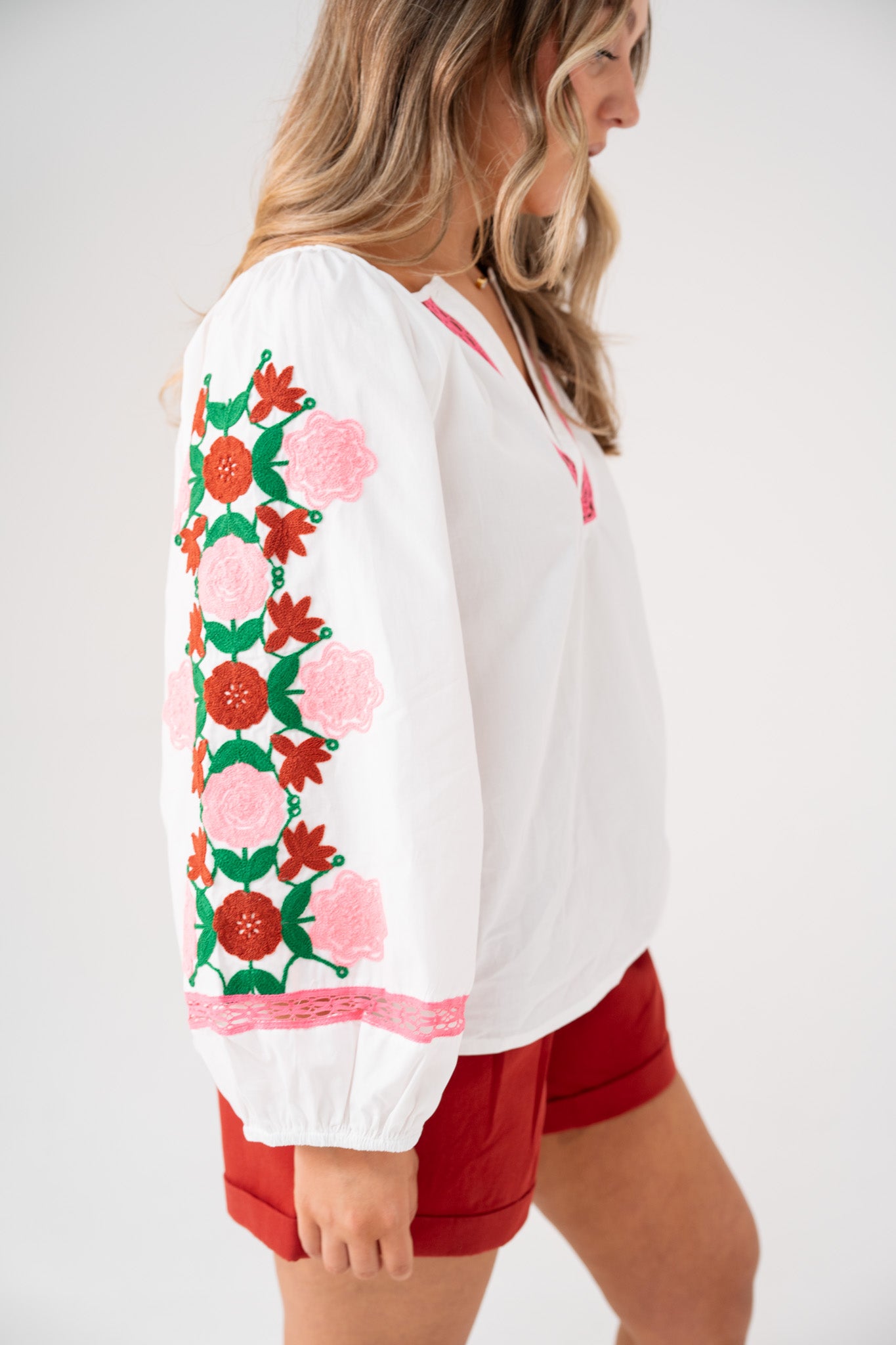 Millie Pink Floral Sleeve Blouse In White